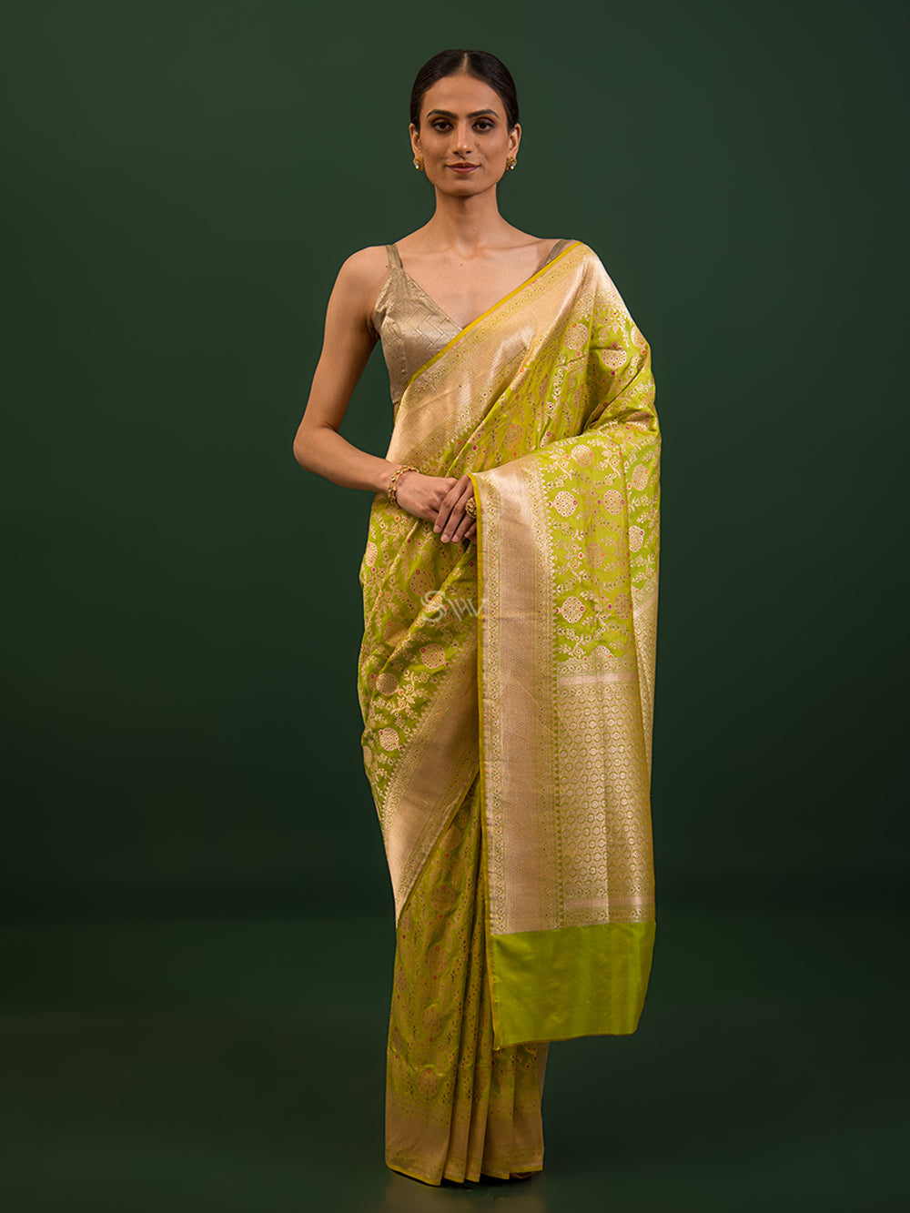 Green Yellow Meenakari Uppada Katan Silk Handloom Banarasi Saree - Sacred Weaves