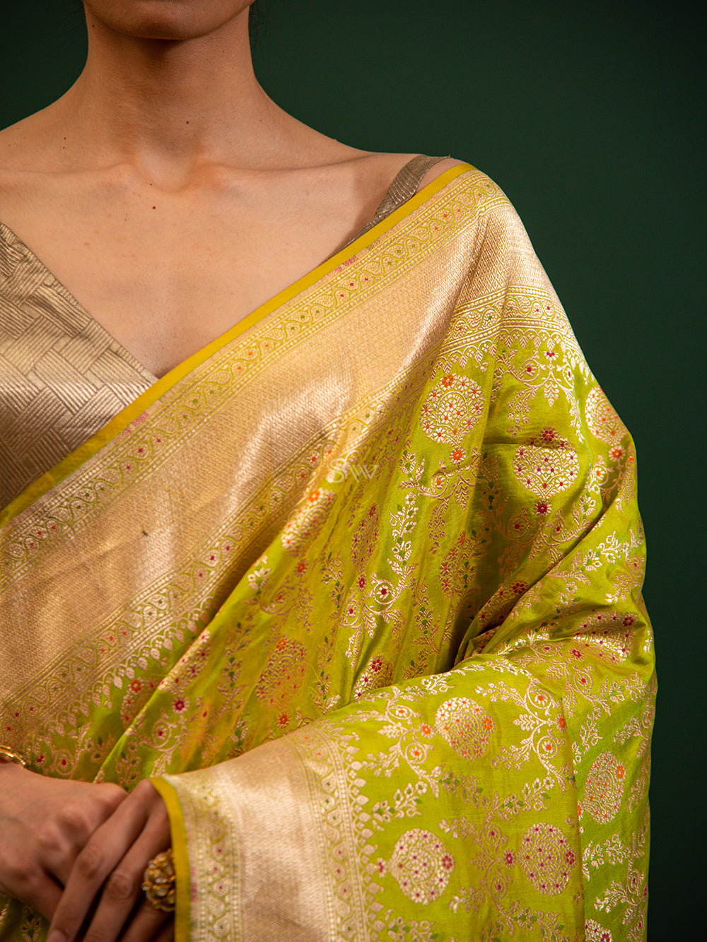 Green Yellow Meenakari Uppada Katan Silk Handloom Banarasi Saree - Sacred Weaves
