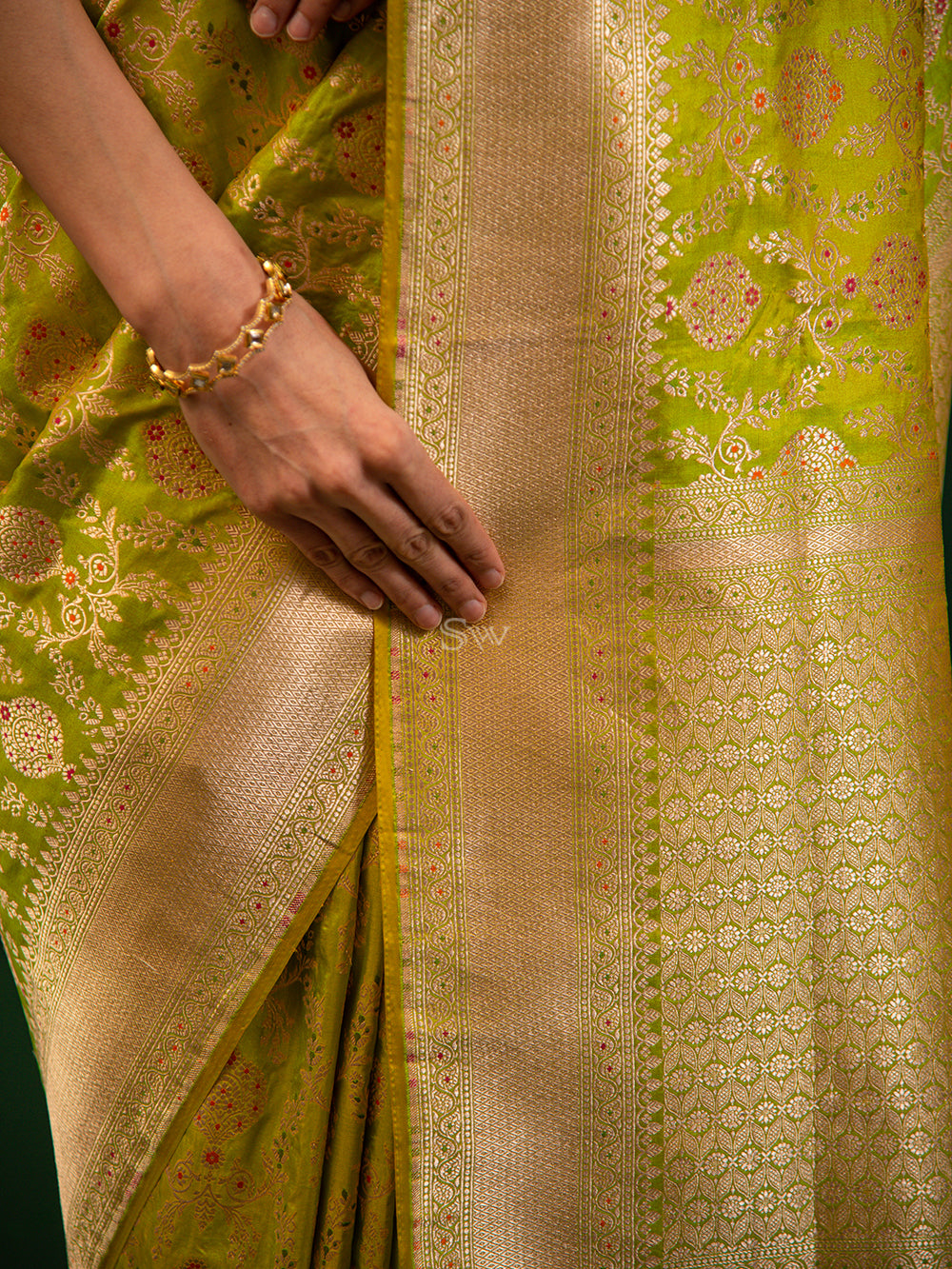 Green Yellow Meenakari Uppada Katan Silk Handloom Banarasi Saree - Sacred Weaves