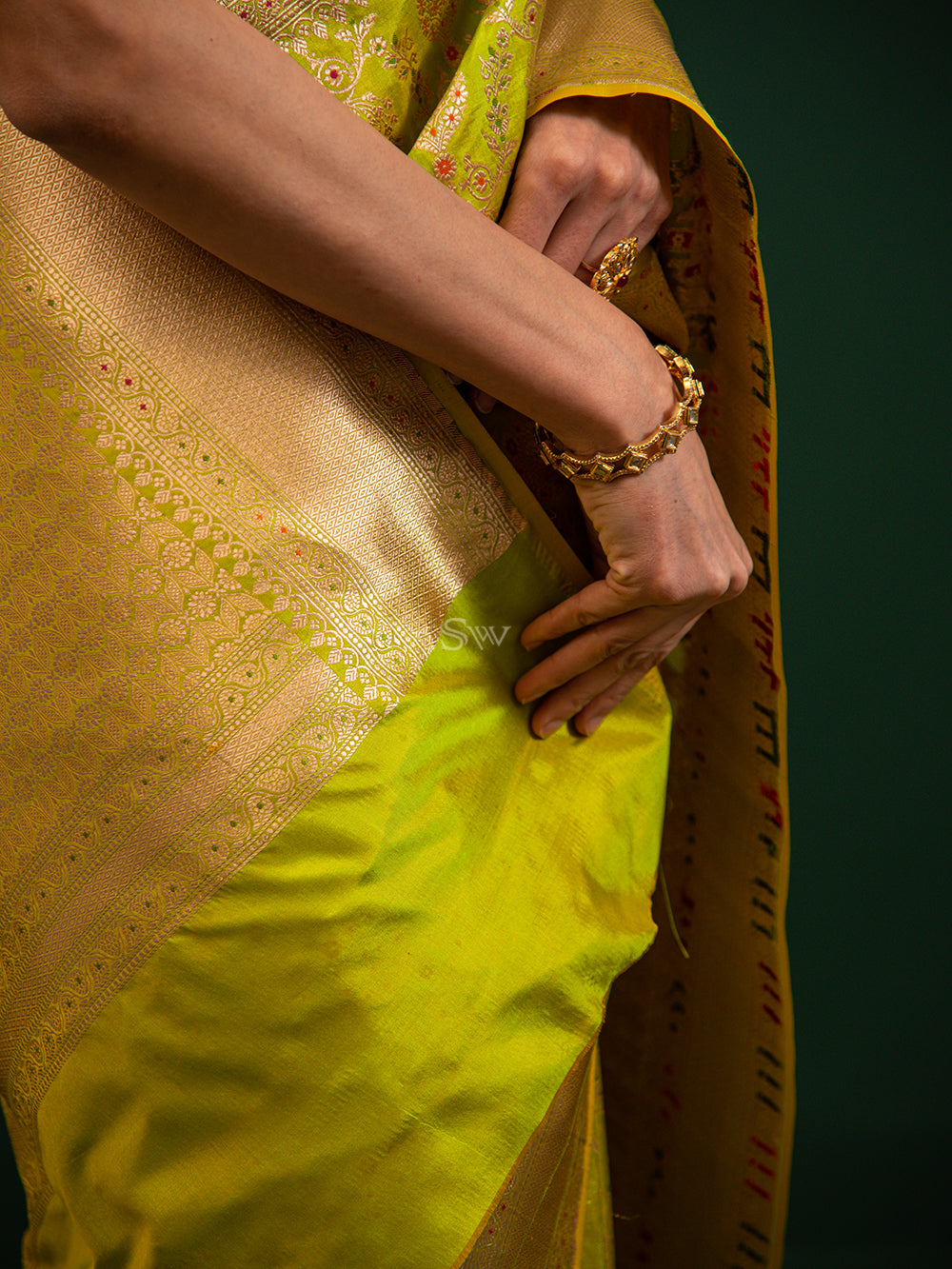 Green Yellow Meenakari Uppada Katan Silk Handloom Banarasi Saree - Sacred Weaves