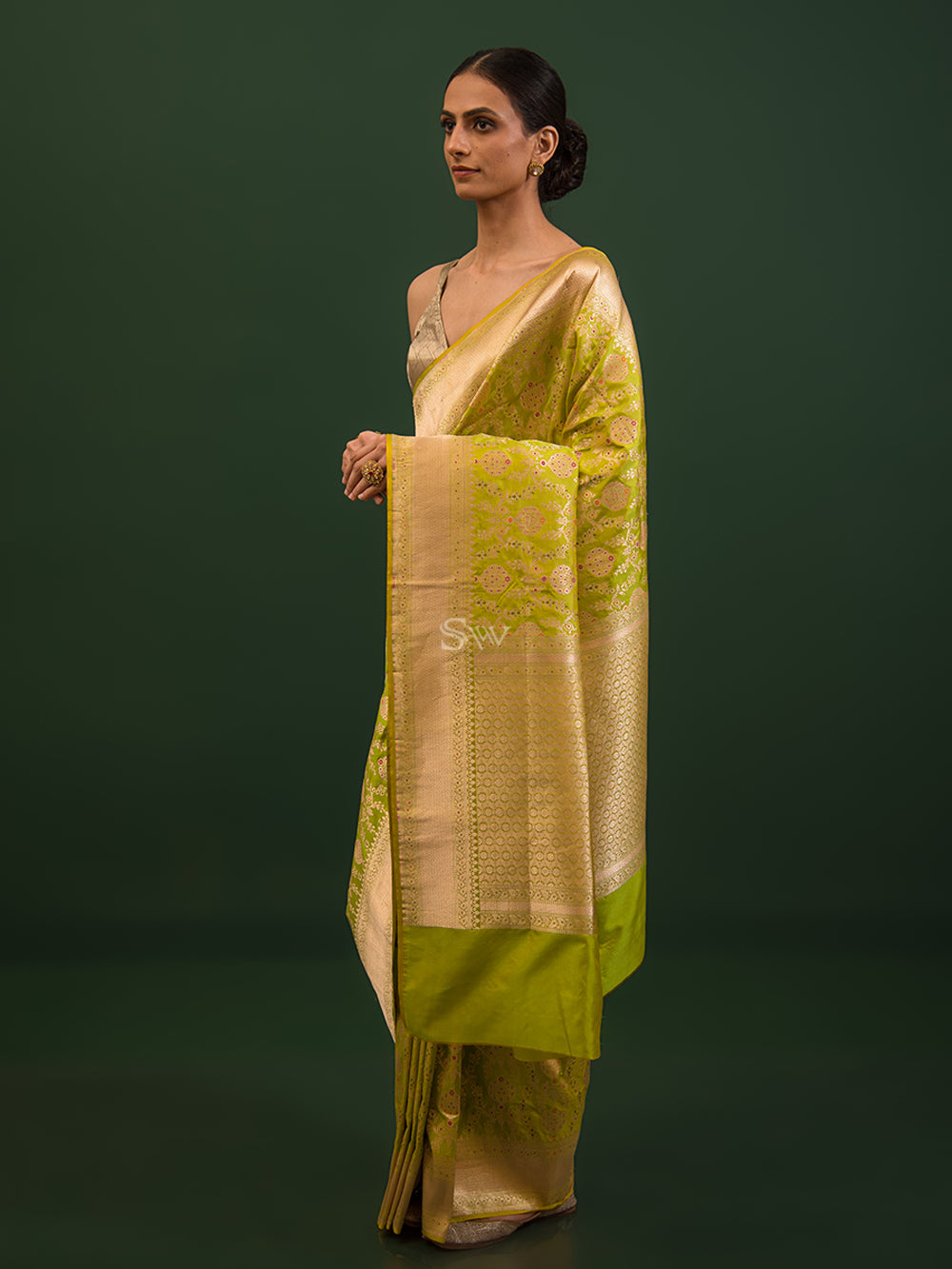Green Yellow Meenakari Uppada Katan Silk Handloom Banarasi Saree - Sacred Weaves