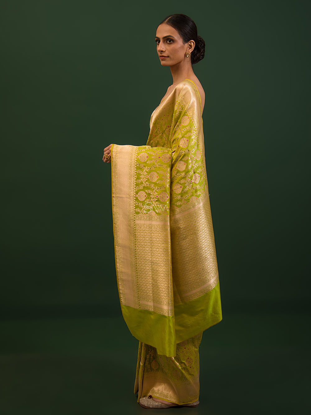 Green Yellow Meenakari Uppada Katan Silk Handloom Banarasi Saree - Sacred Weaves
