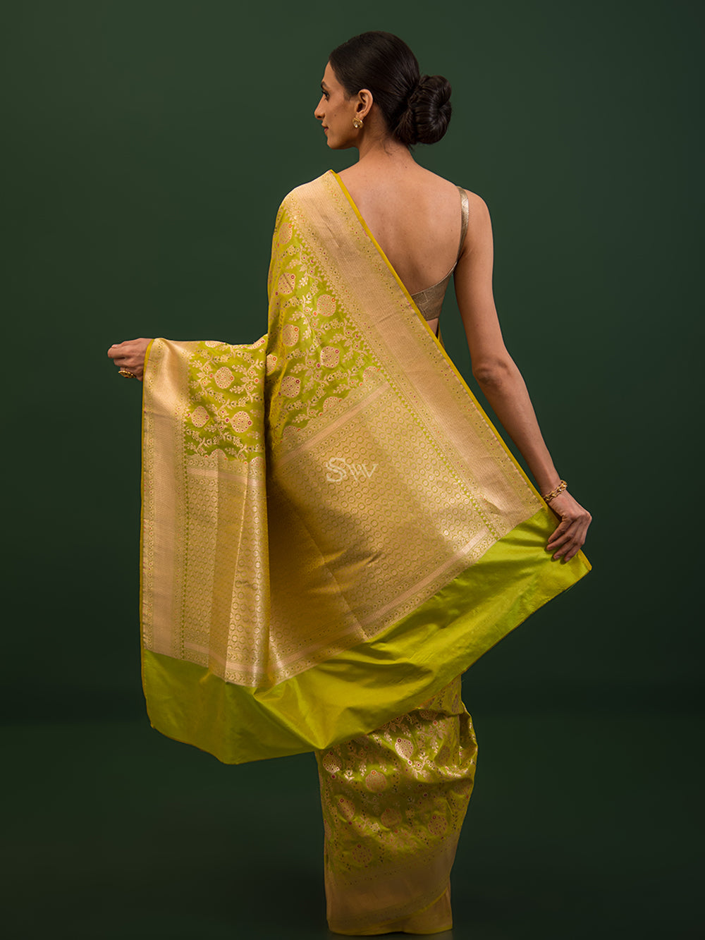 Green Yellow Meenakari Uppada Katan Silk Handloom Banarasi Saree - Sacred Weaves