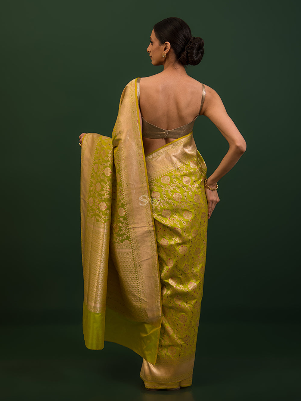 Green Yellow Meenakari Uppada Katan Silk Handloom Banarasi Saree - Sacred Weaves