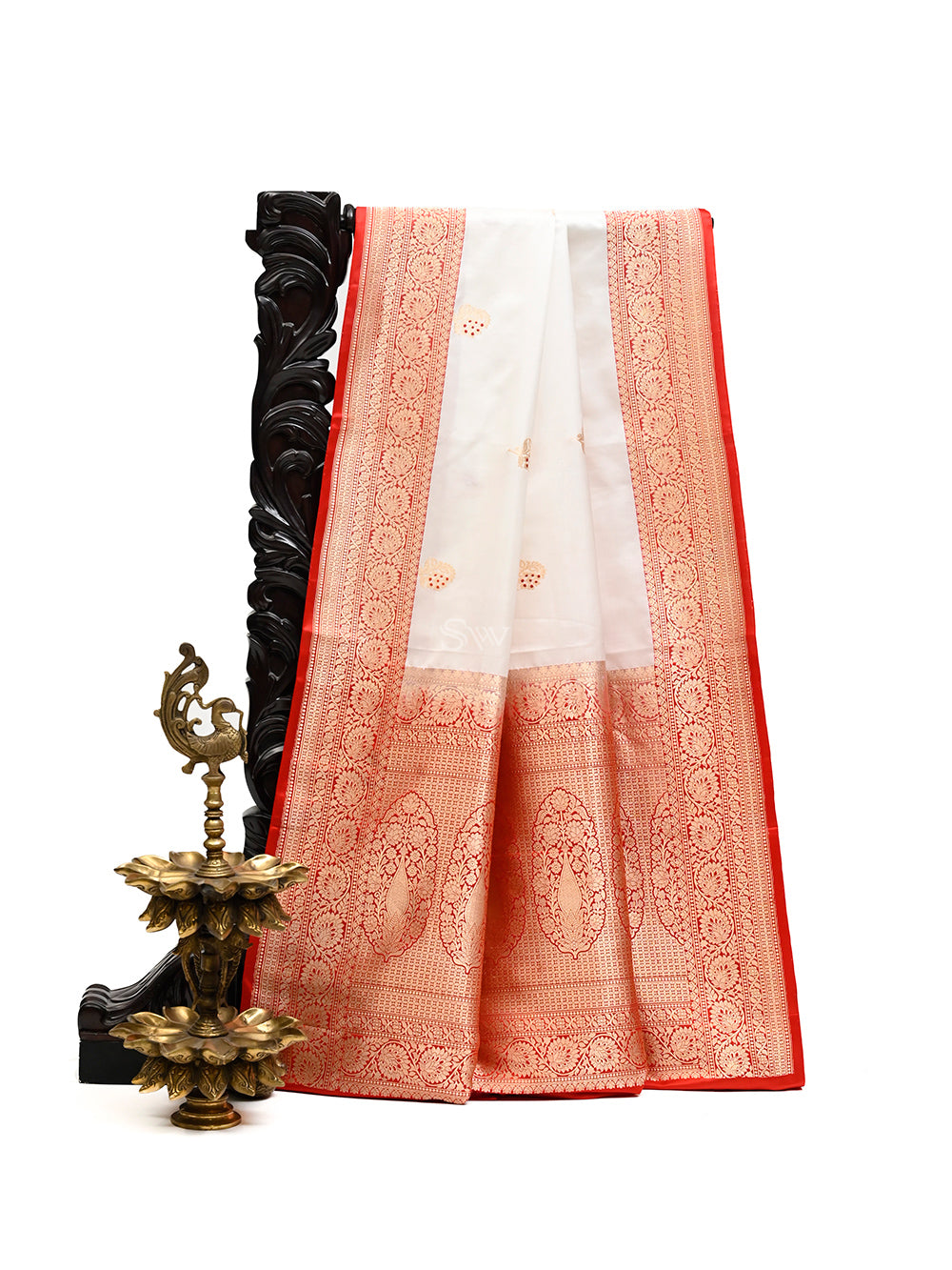 White Meenakari Boota Satin Silk Handloom Banarasi Saree - Sacred Weaves