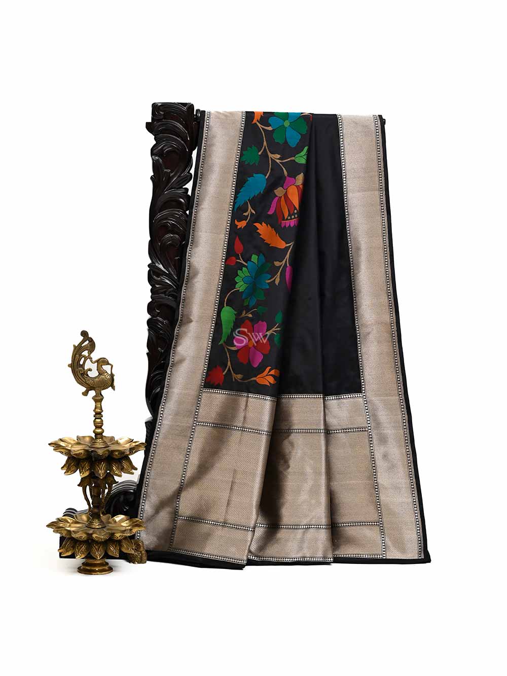 Black Meenakari Katan Silk Handloom Banarasi Saree - Sacred Weaves