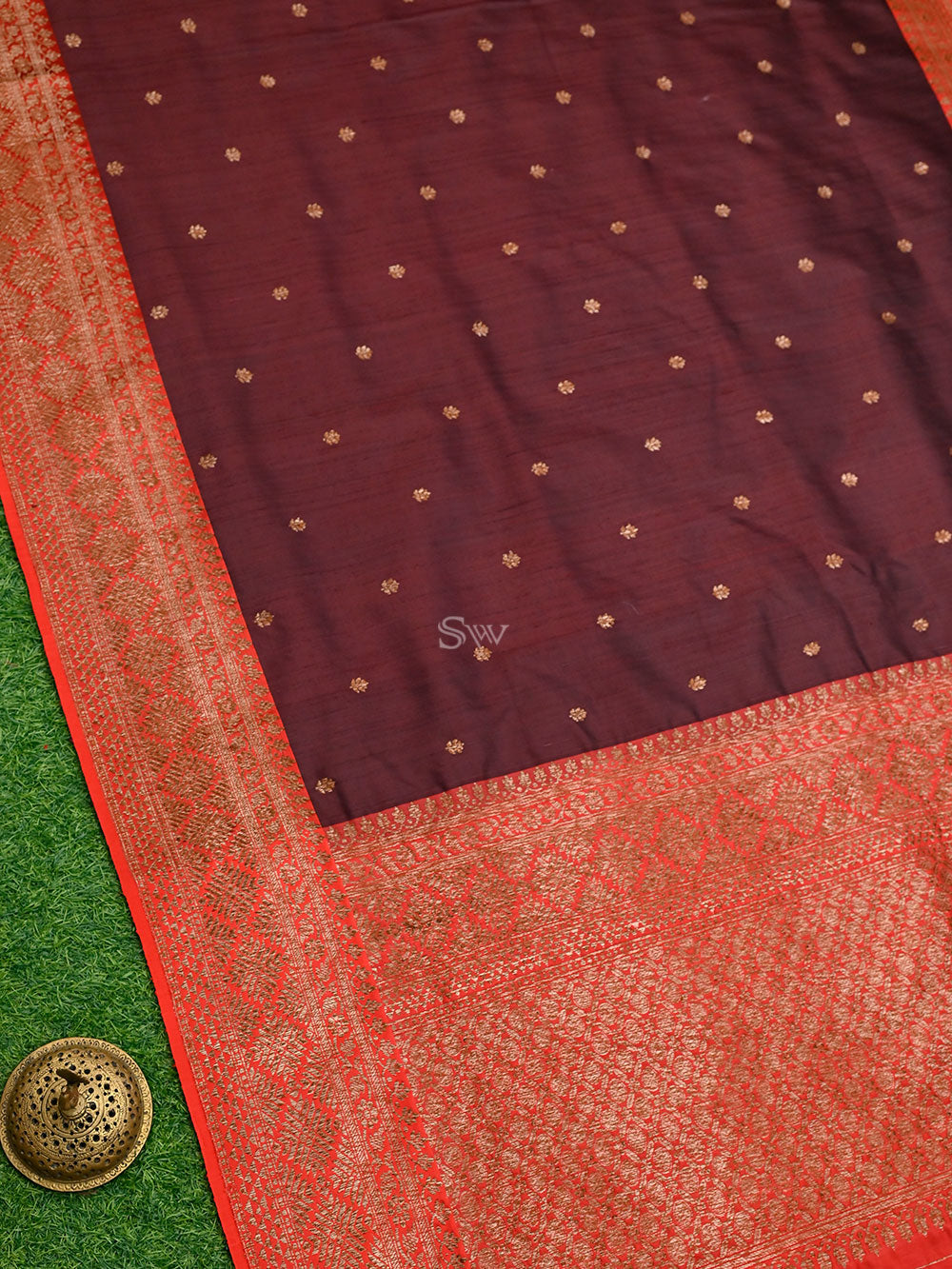 Wine Booti Dupion Silk Handloom Banarasi Saree - Sacred Weaves