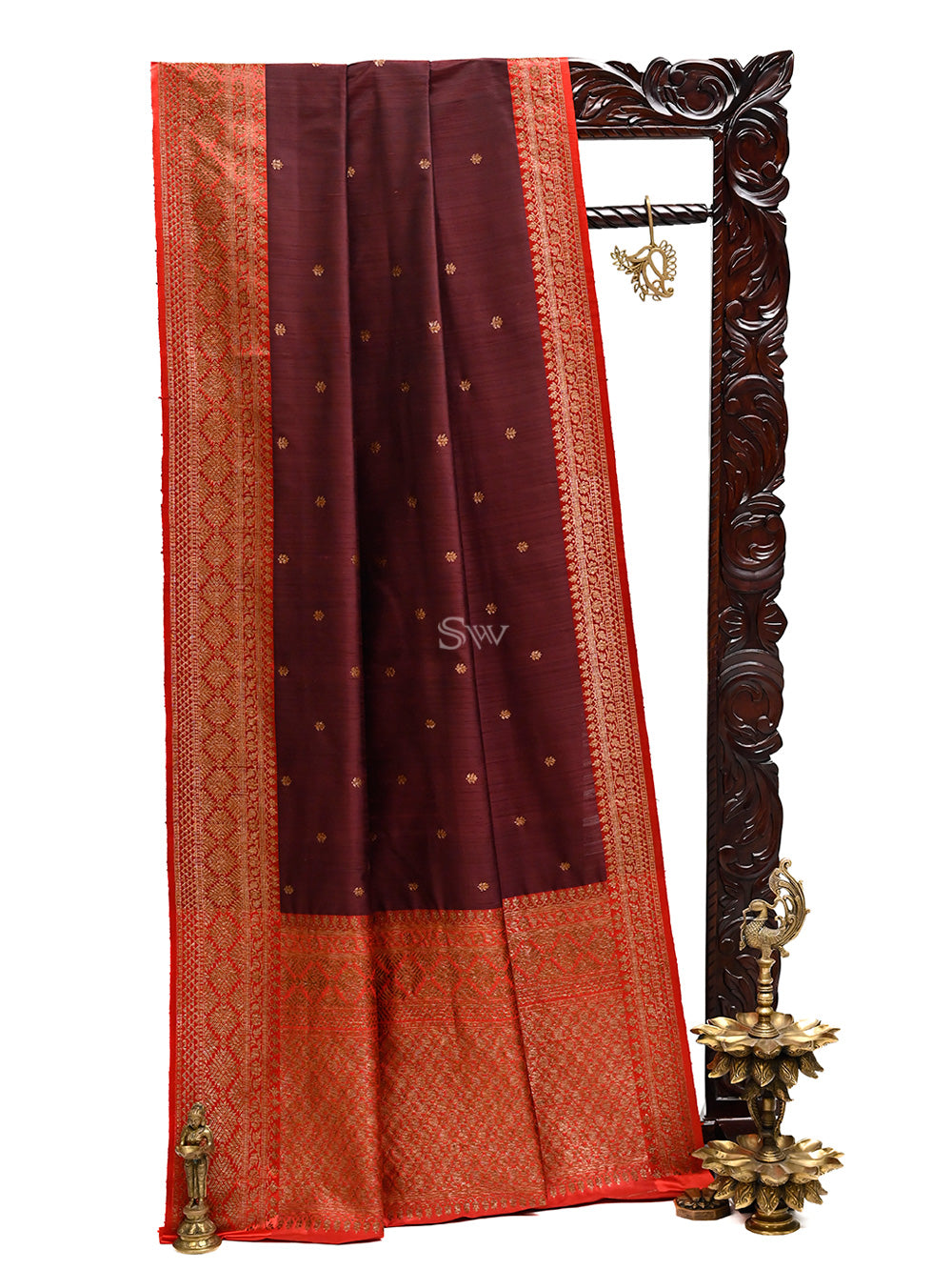 Wine Booti Dupion Silk Handloom Banarasi Saree - Sacred Weaves
