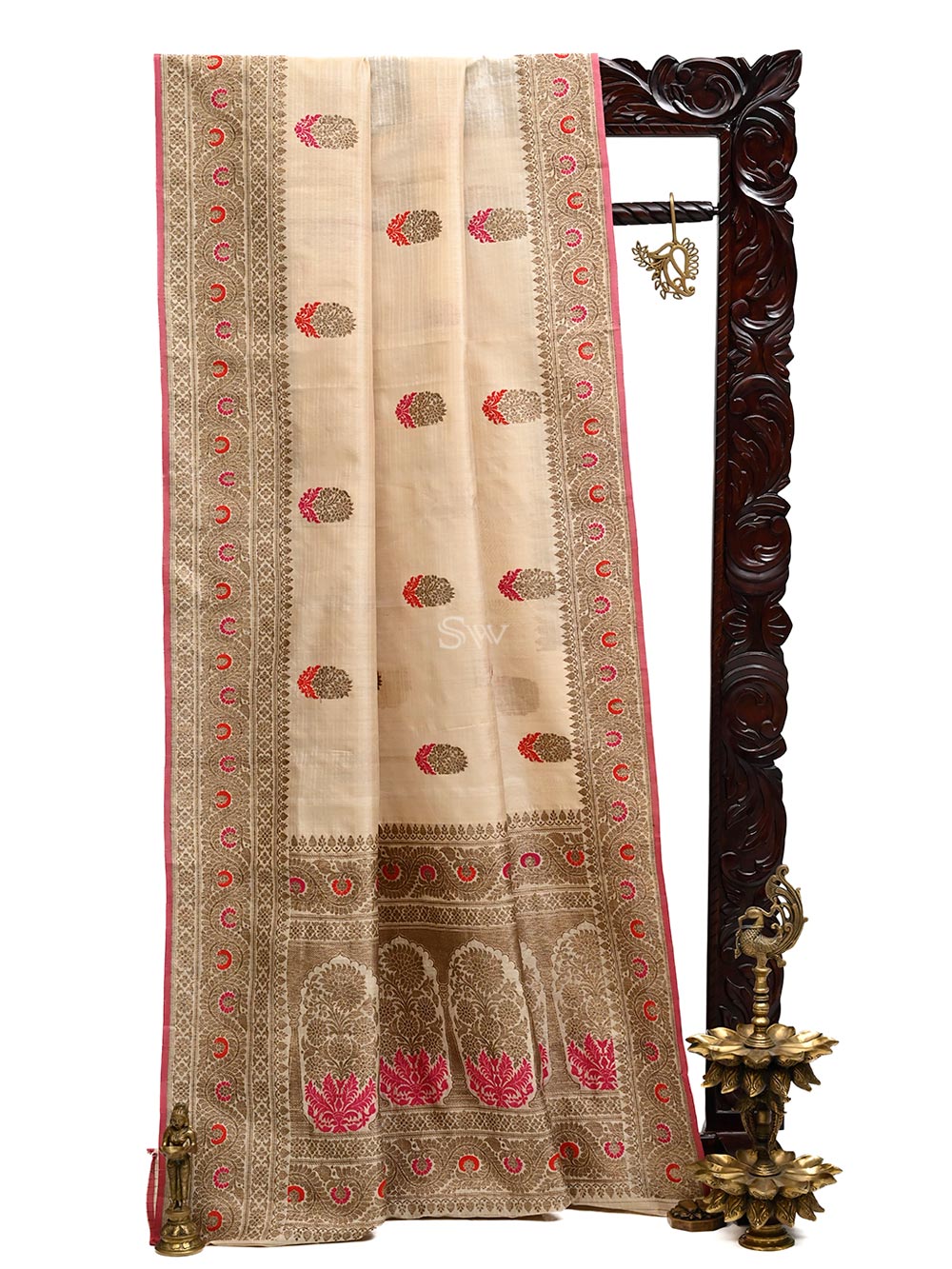 Beige Meenakari Boota Tussar Silk Handloom Banarasi Saree - Sacred Weaves