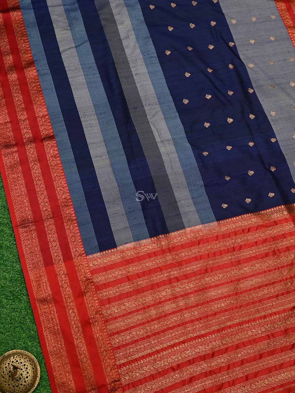 Blue Grey Tussar Silk Handloom Banarasi Saree - Sacred Weaves