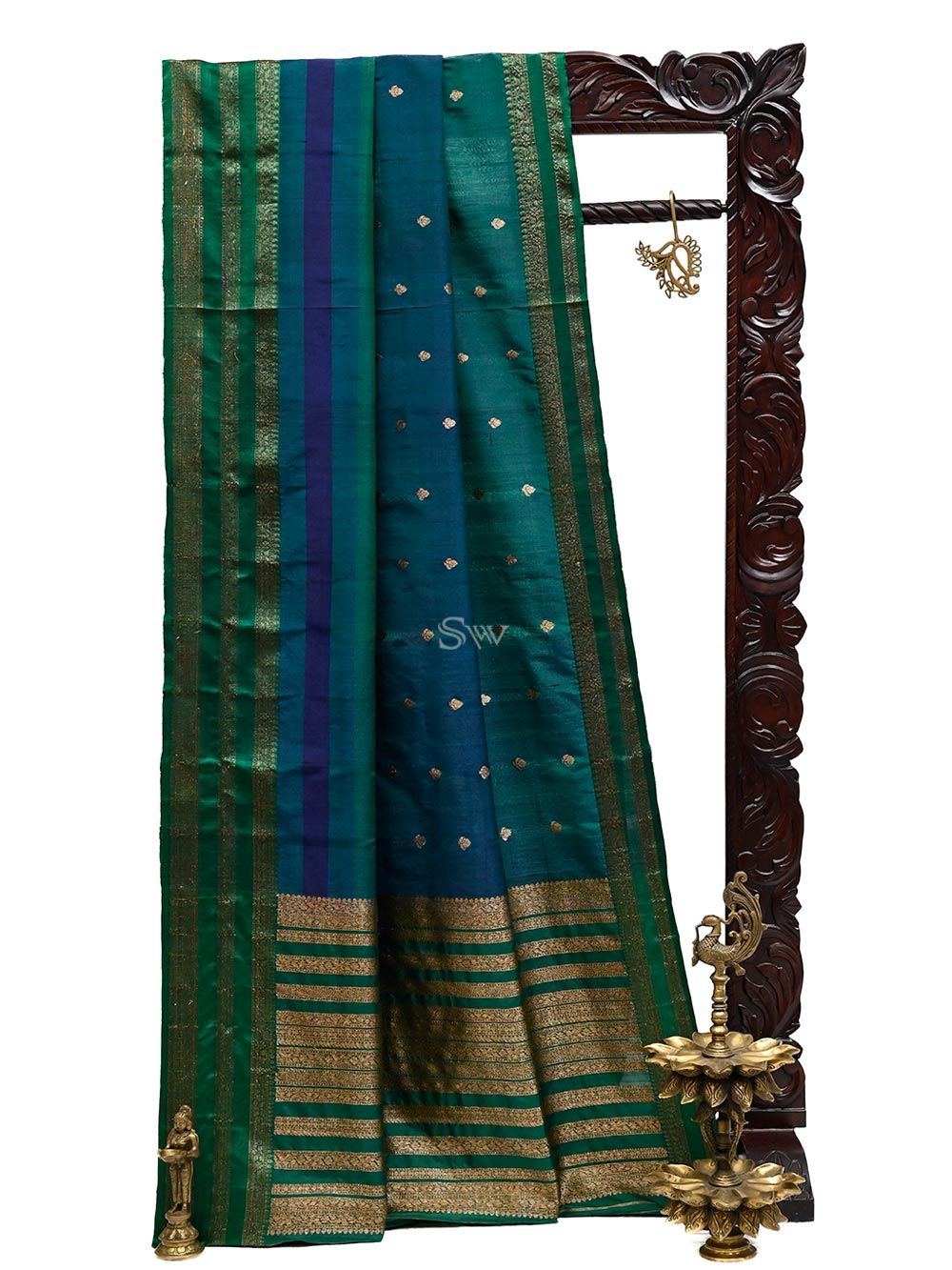 Green Blue Tussar Silk Handloom Banarasi Saree - Sacred Weaves