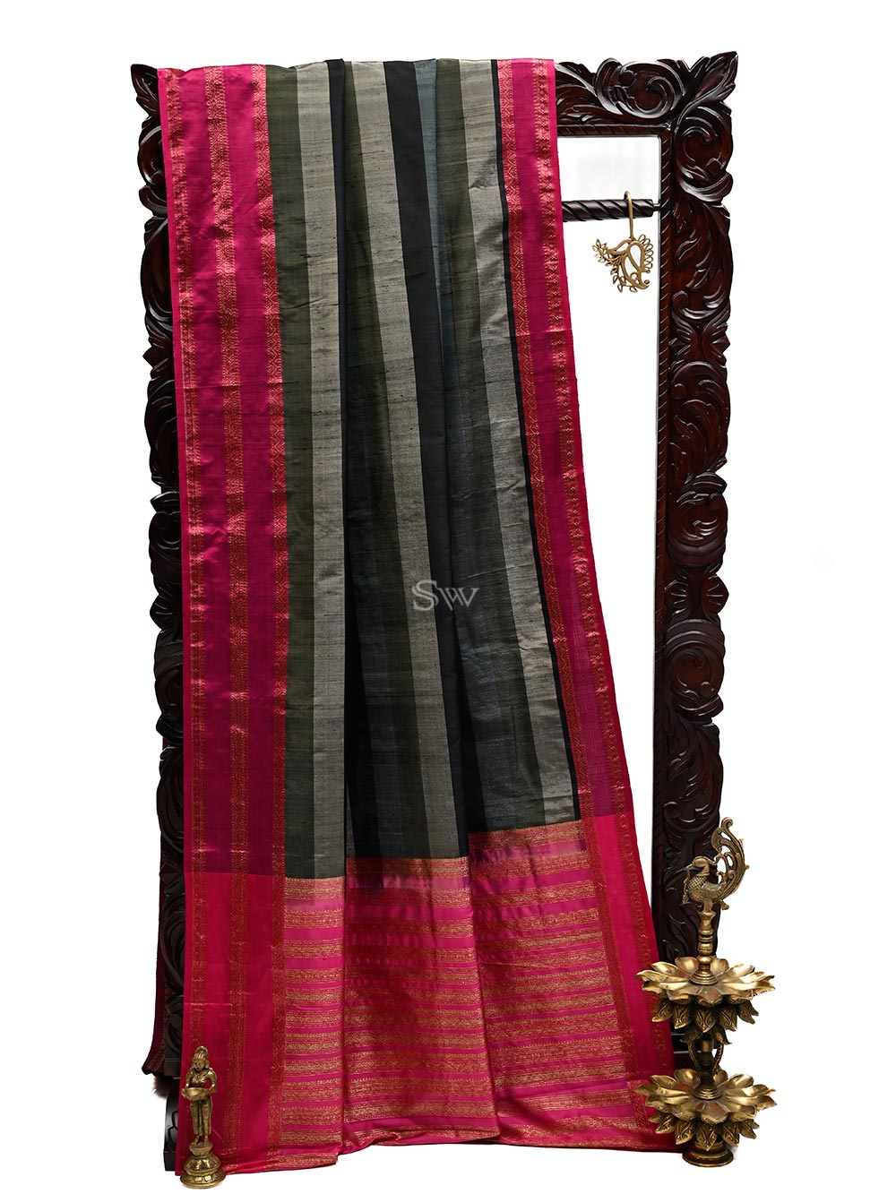 Black Grey Tussar Silk Handloom Banarasi Saree - Sacred Weaves