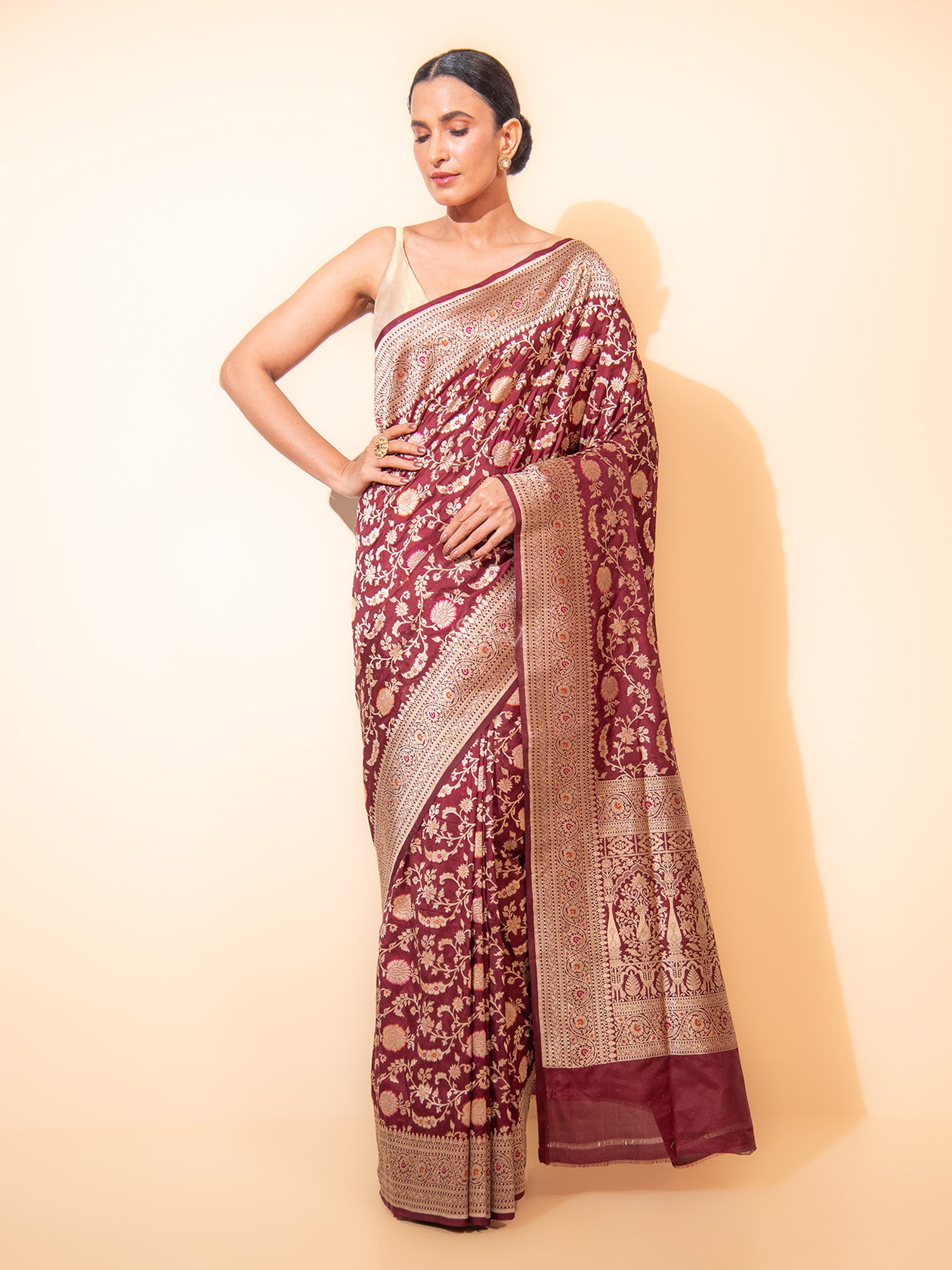 Dark Brown Meenakari Uppada Katan Silk Handloom Banarasi Saree - Sacred Weaves