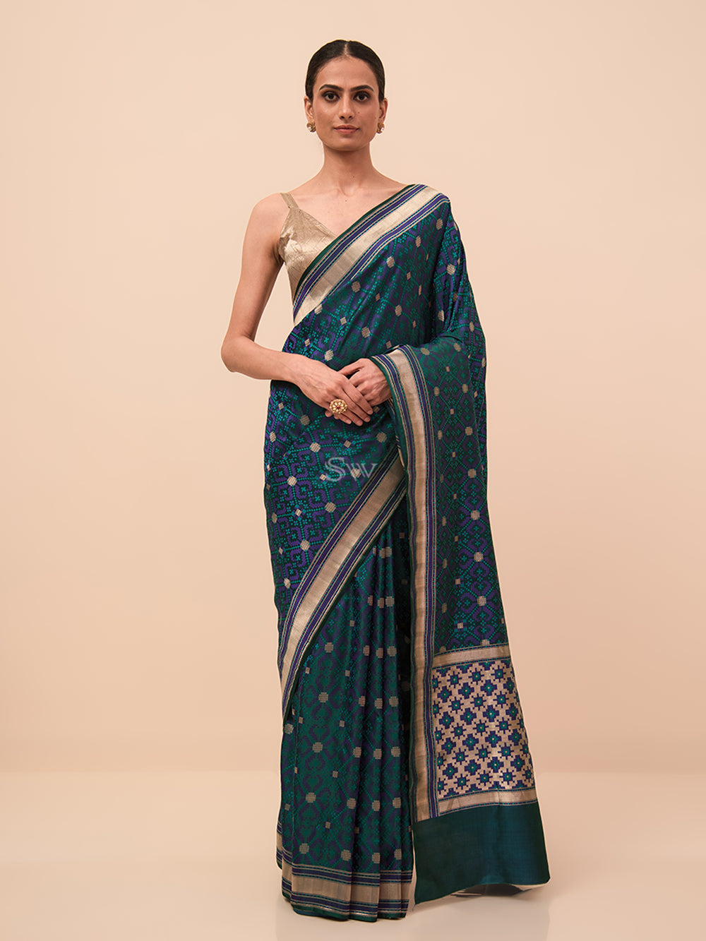 Bottle Green Jaal Satin Tanchoi Handloom Banarasi Saree - Sacred Weaves