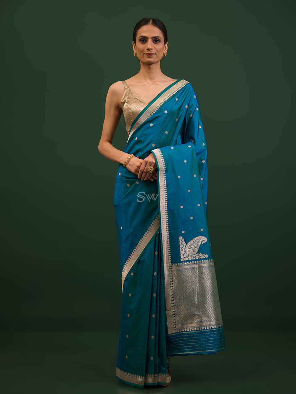 Blue Green Konia Katan Silk Handloom Banarasi Saree - Sacred Weaves