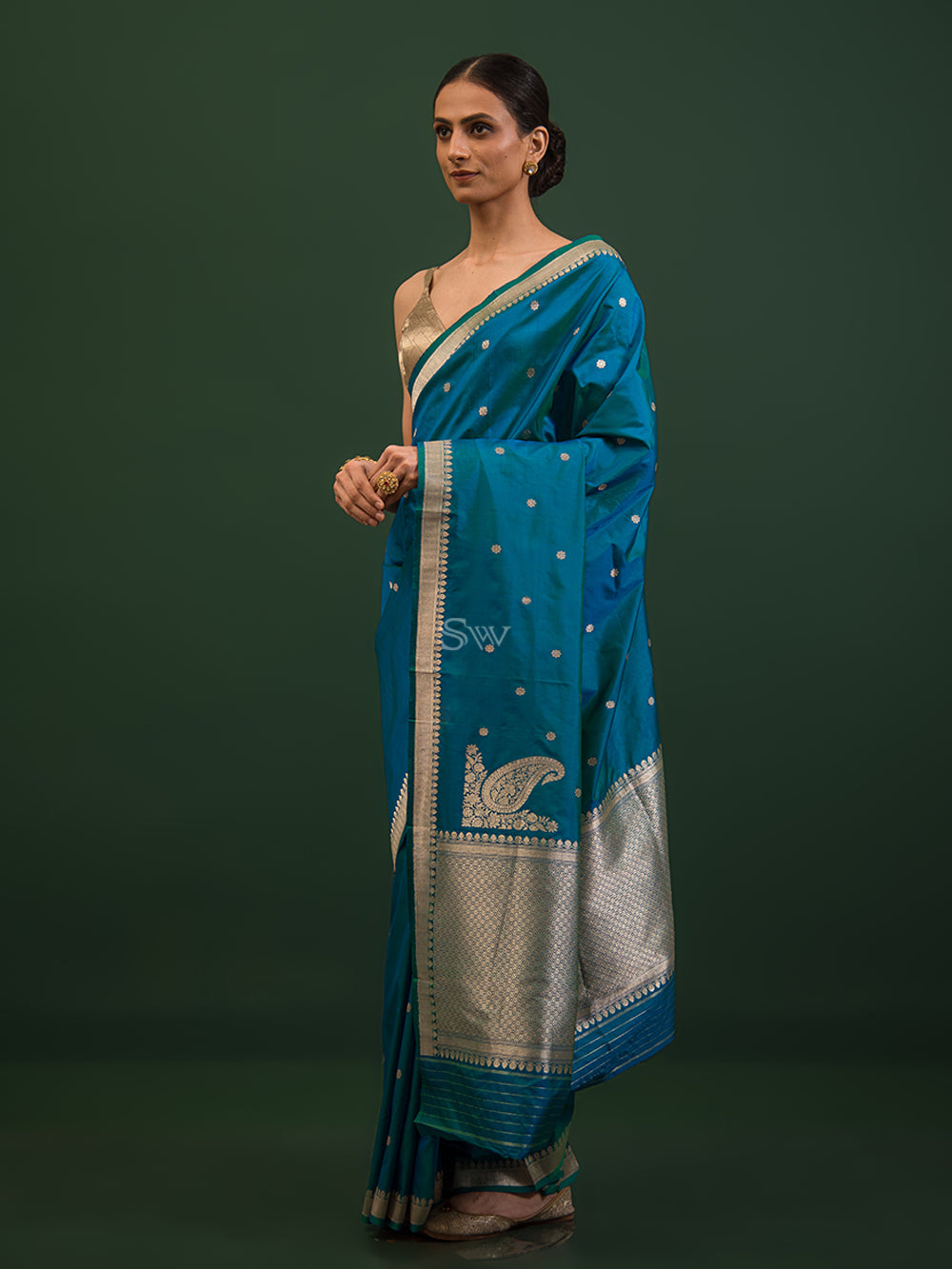 Blue Green Konia Katan Silk Handloom Banarasi Saree - Sacred Weaves