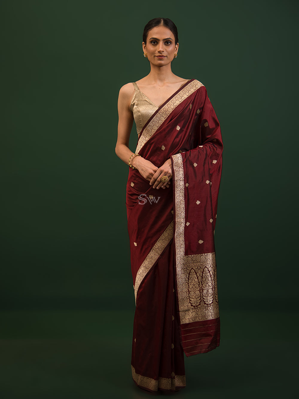 Dark Maroon Booti Katan Silk Handloom Banarasi Saree - Sacred Weaves