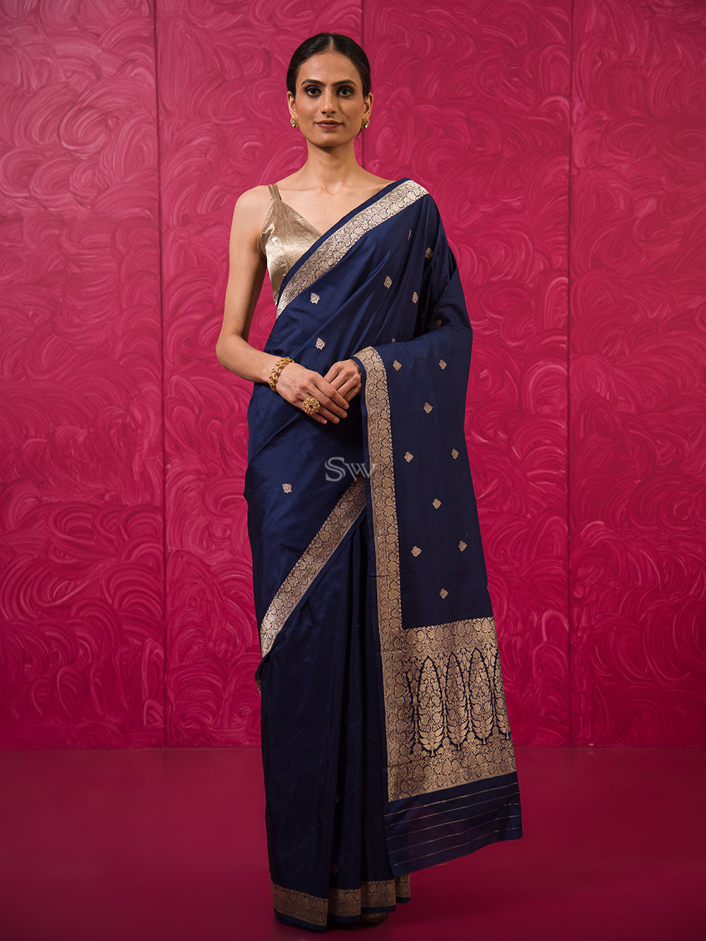 Blue Booti Katan Silk Handloom Banarasi Saree - Sacred Weaves