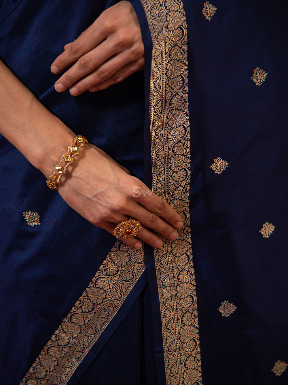 Blue Booti Katan Silk Handloom Banarasi Saree - Sacred Weaves