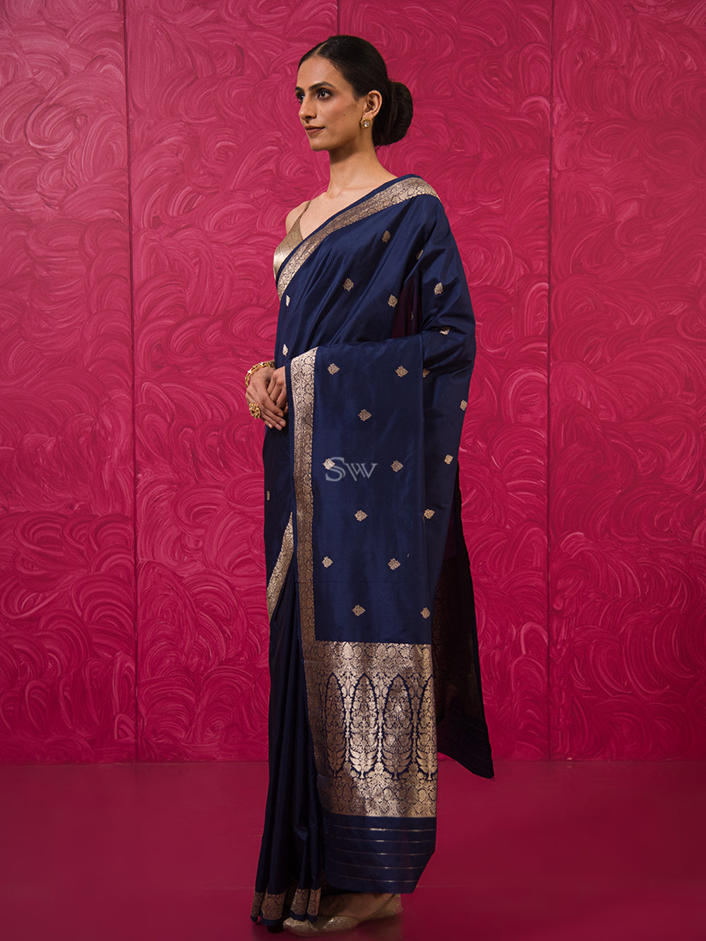 Blue Booti Katan Silk Handloom Banarasi Saree - Sacred Weaves