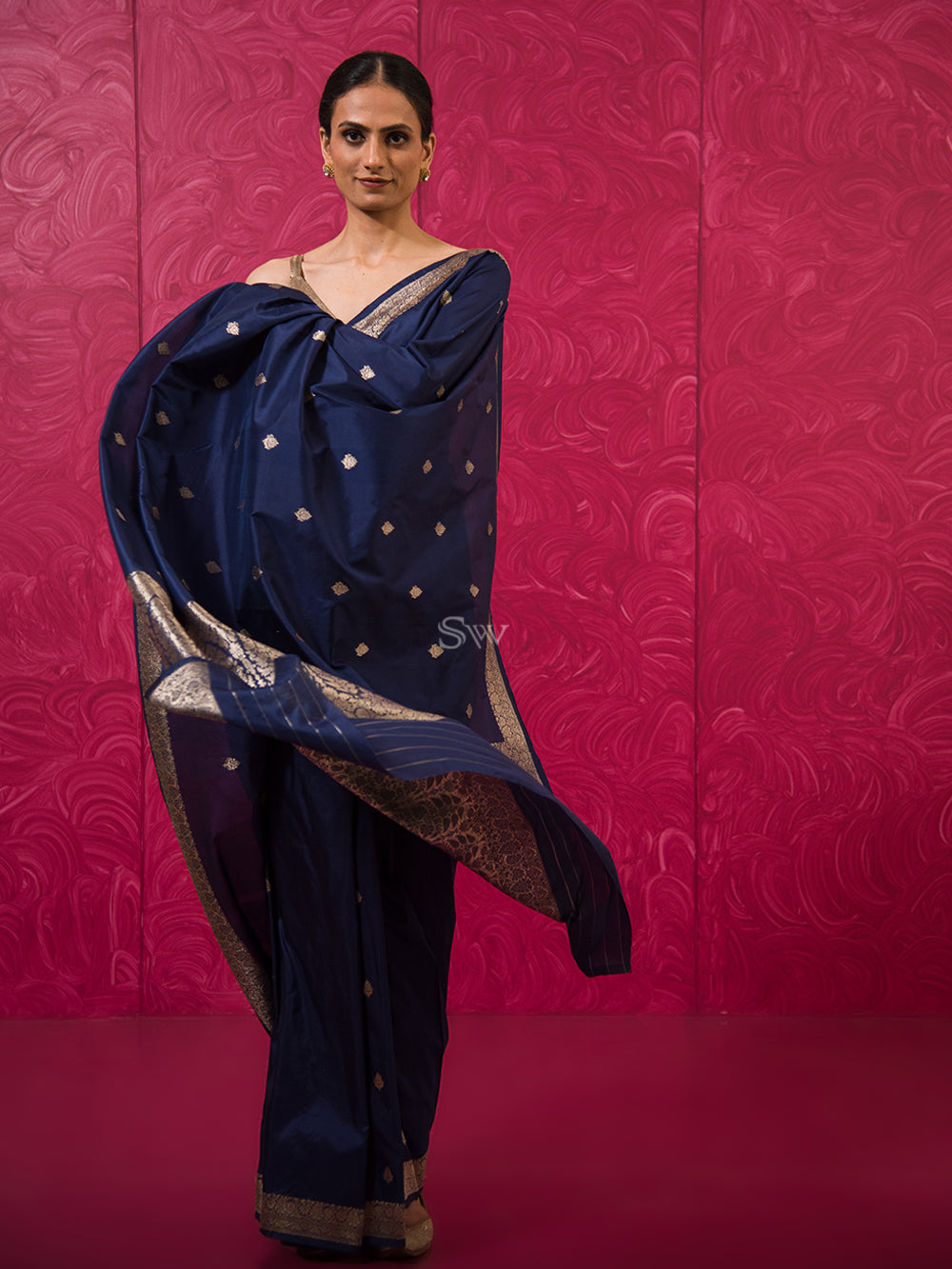 Blue Booti Katan Silk Handloom Banarasi Saree - Sacred Weaves