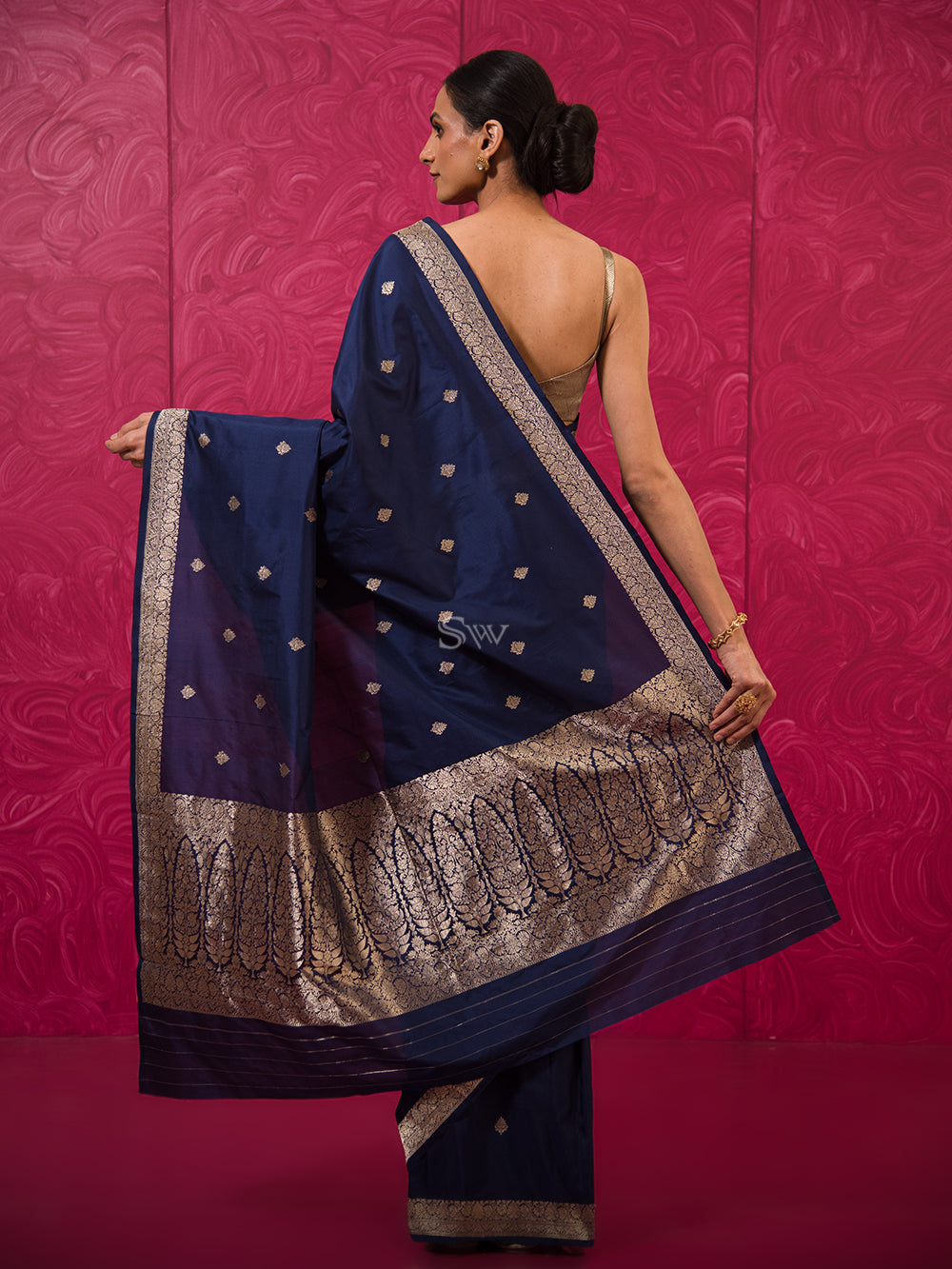 Blue Booti Katan Silk Handloom Banarasi Saree - Sacred Weaves