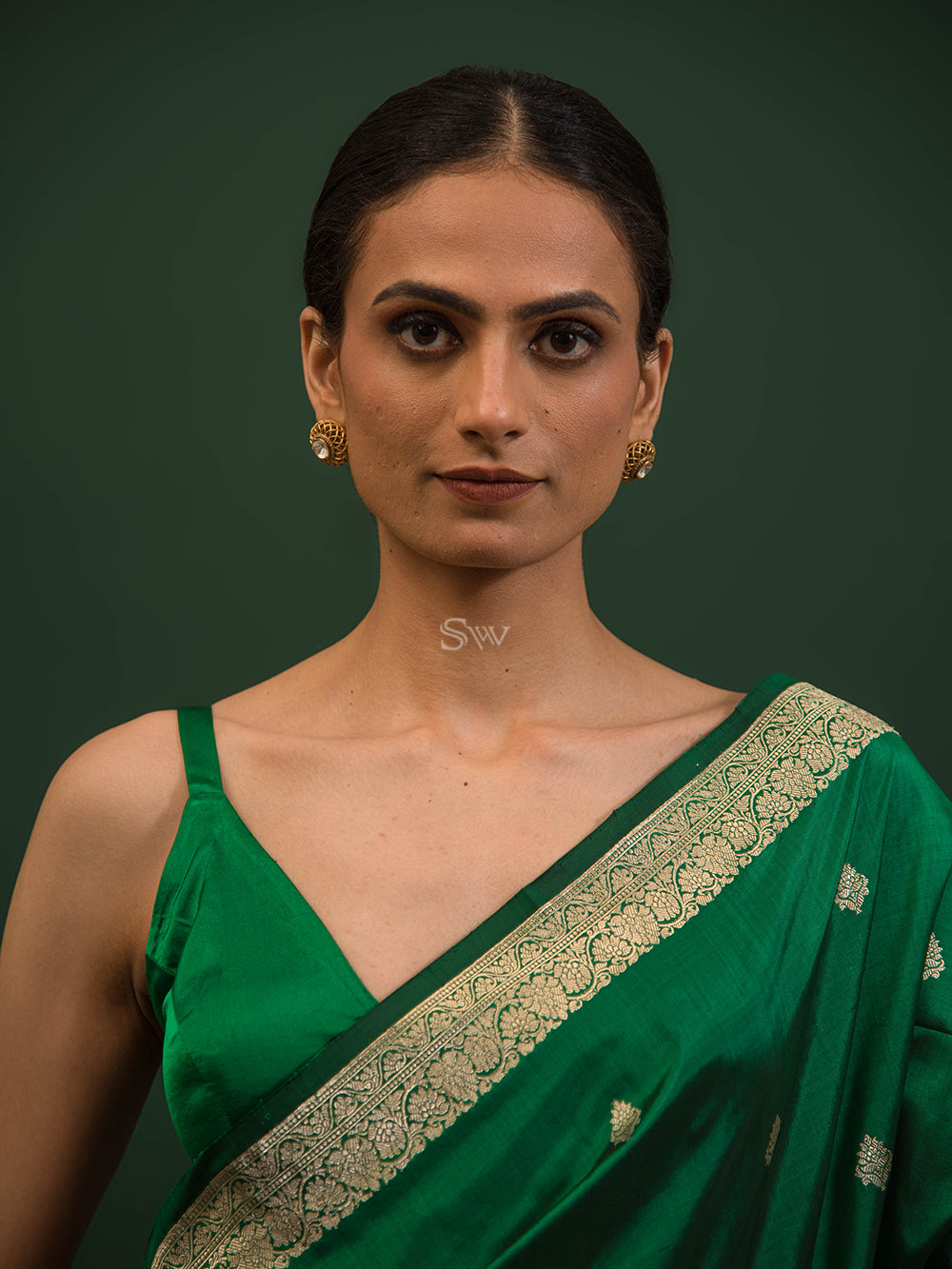 Bottle Green Booti Katan Silk Handloom Banarasi Saree - Sacred Weaves