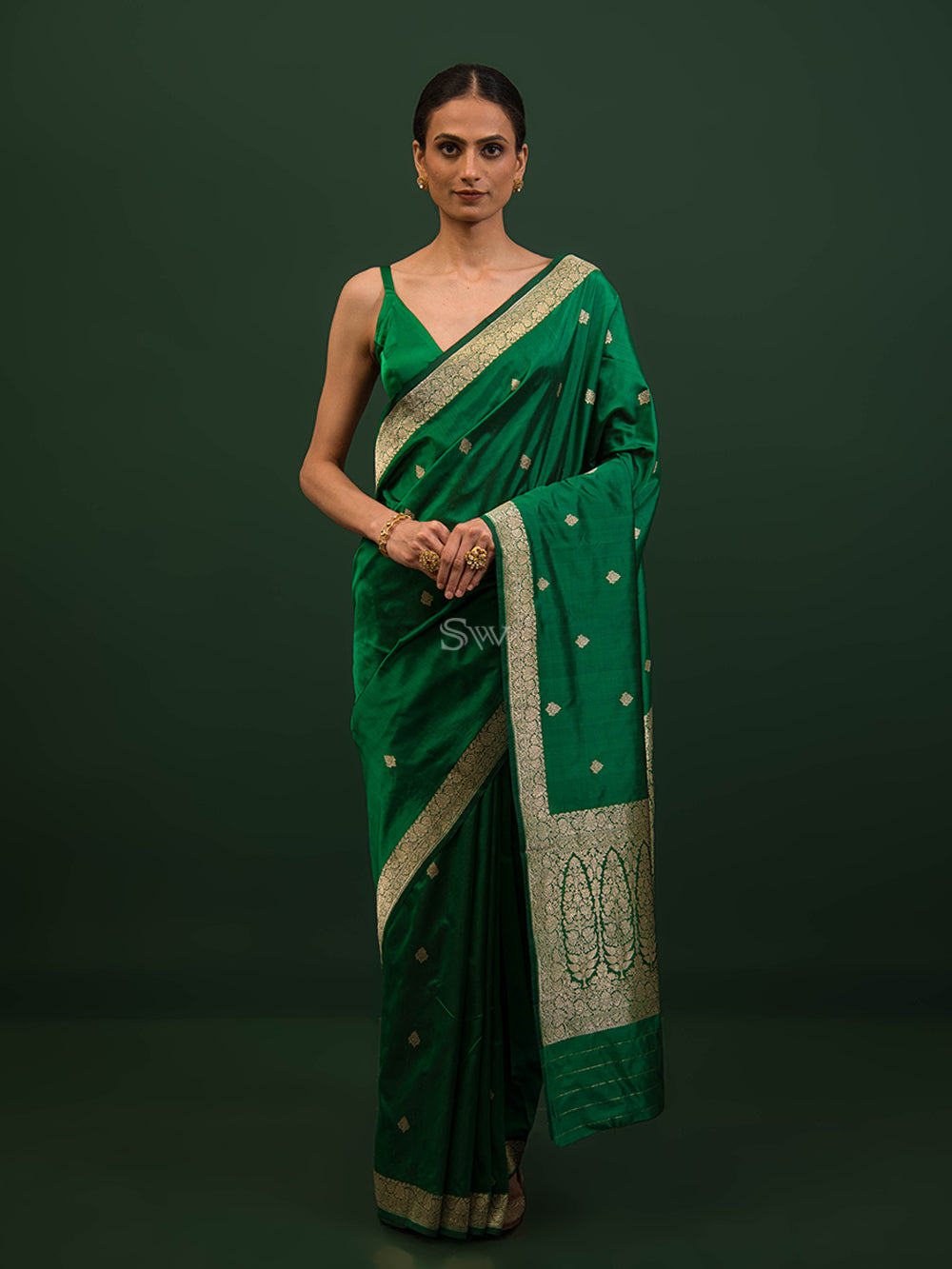 Bottle Green Booti Katan Silk Handloom Banarasi Saree - Sacred Weaves