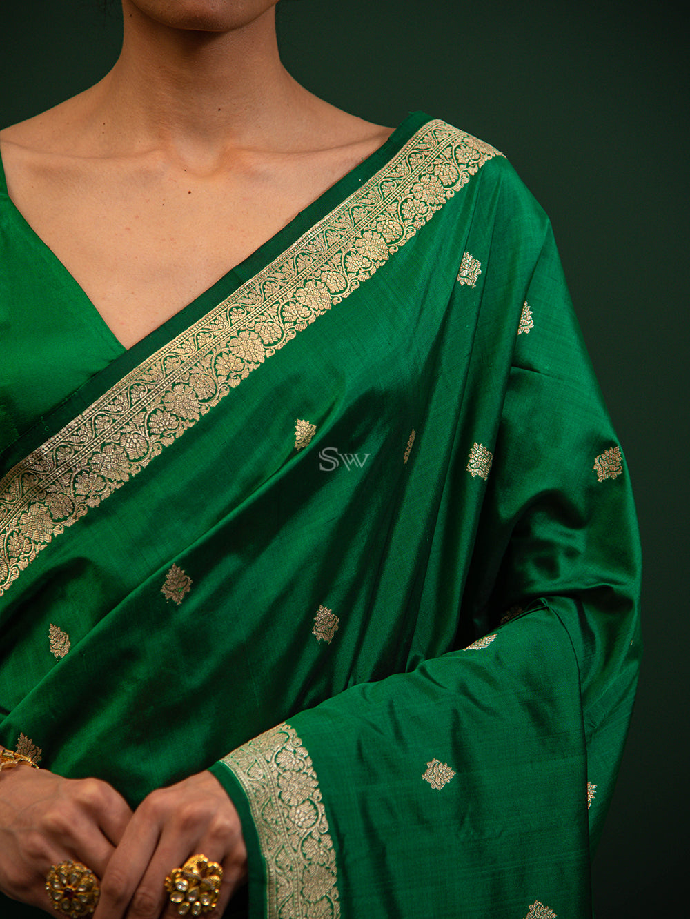 Bottle Green Booti Katan Silk Handloom Banarasi Saree - Sacred Weaves