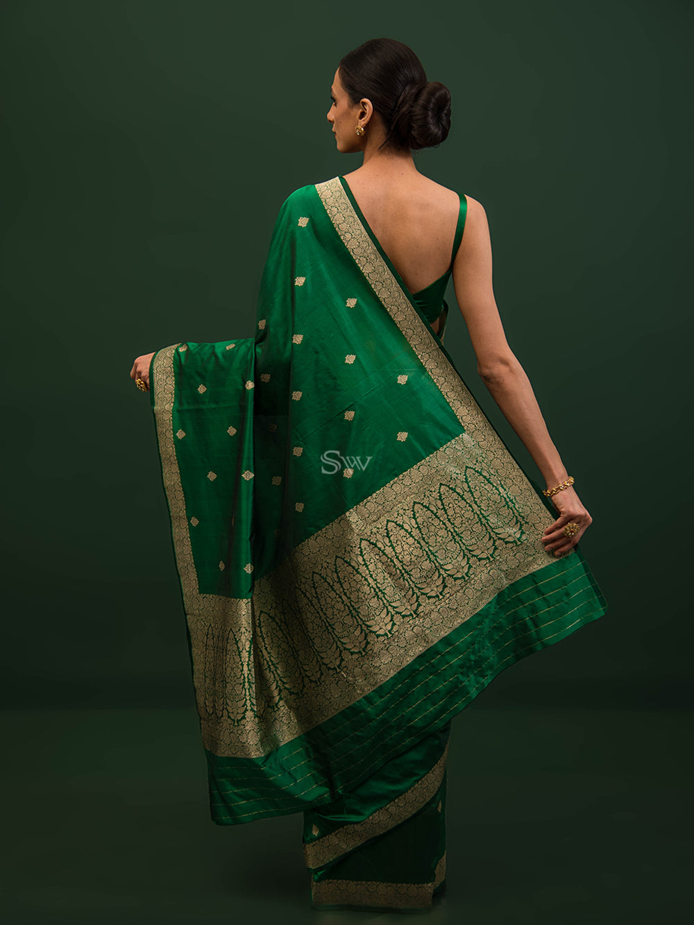 Bottle Green Booti Katan Silk Handloom Banarasi Saree - Sacred Weaves