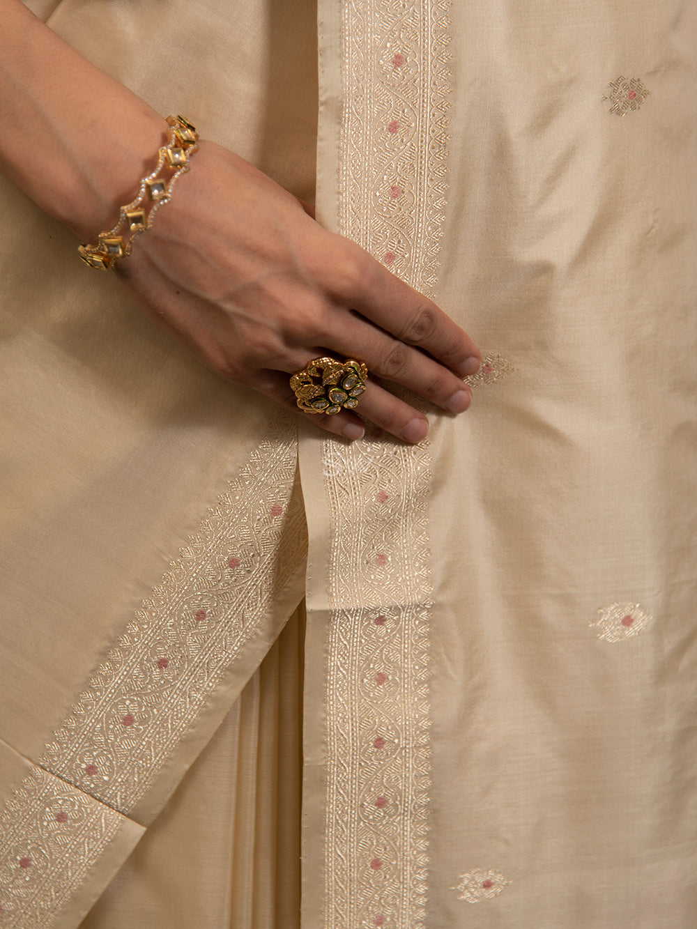 Beige Meenakari Katan Silk Handloom Banarasi Saree - Sacred Weaves