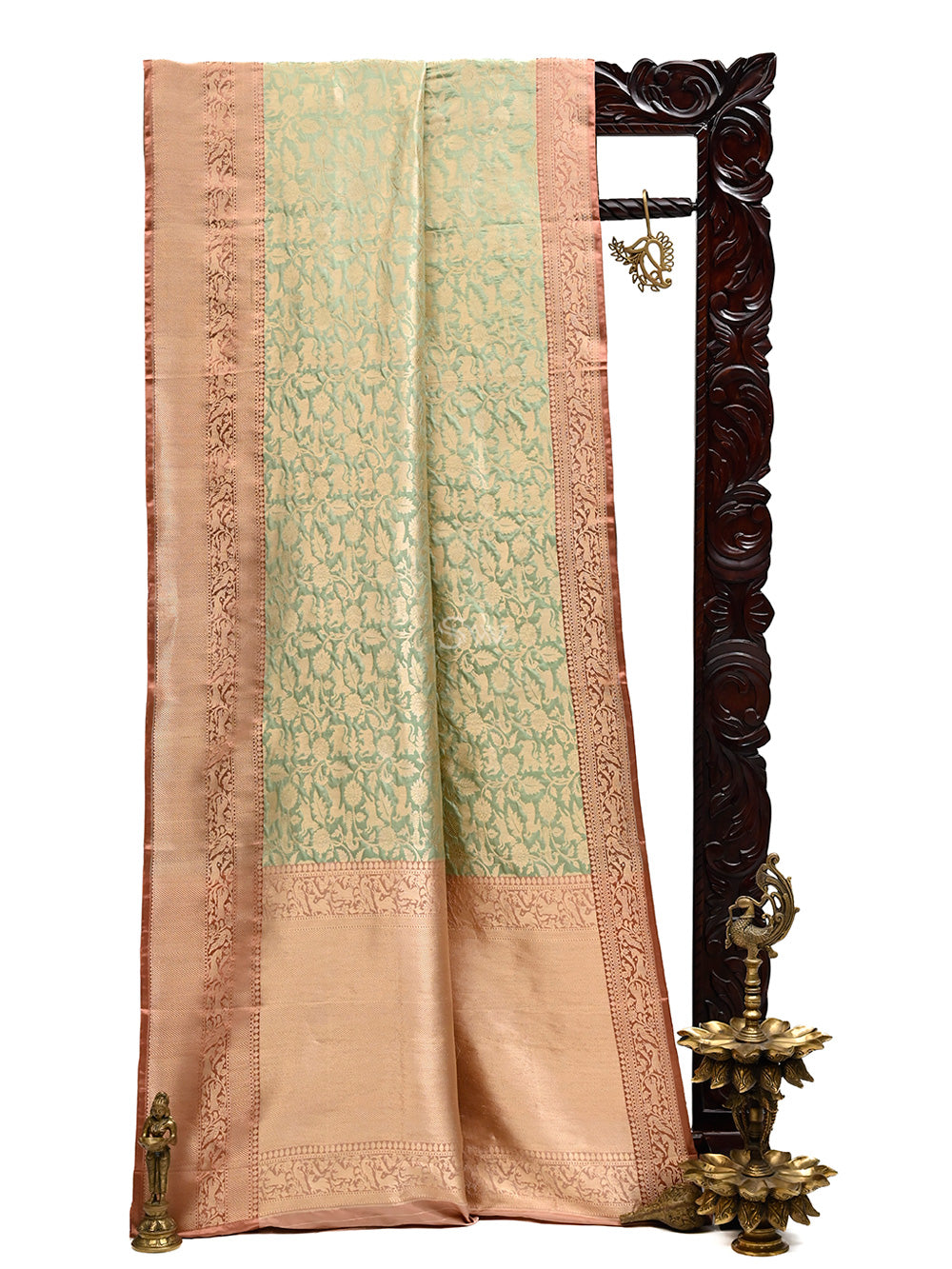Mint Green Katan Silk Shikargah Handloom Banarasi Saree - Sacred Weaves