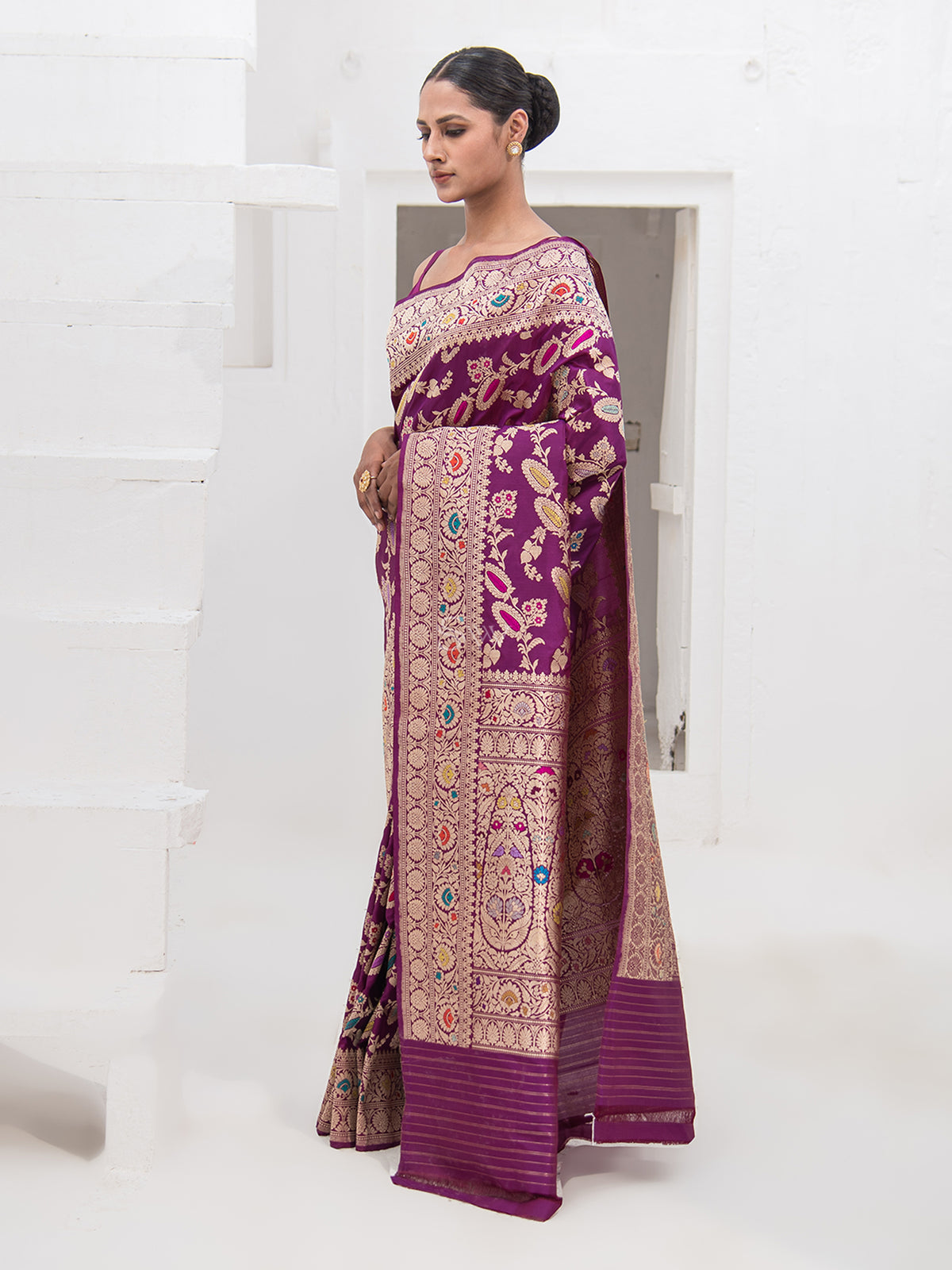Violet Meenakari Katan Silk Handloom Banarasi Saree - Sacred Weaves