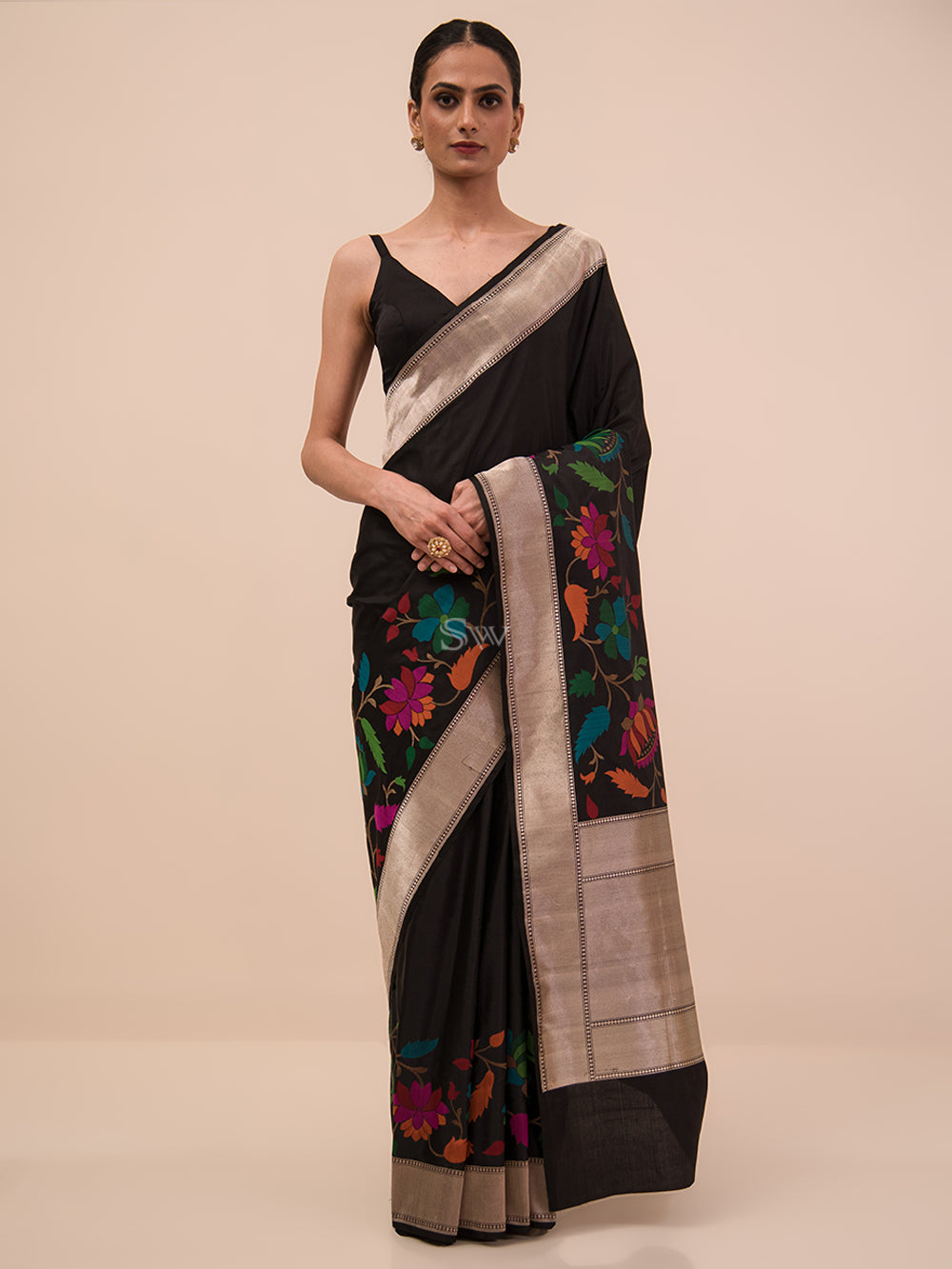 Black Meenakari Katan Silk Handloom Banarasi Saree - Sacred Weaves