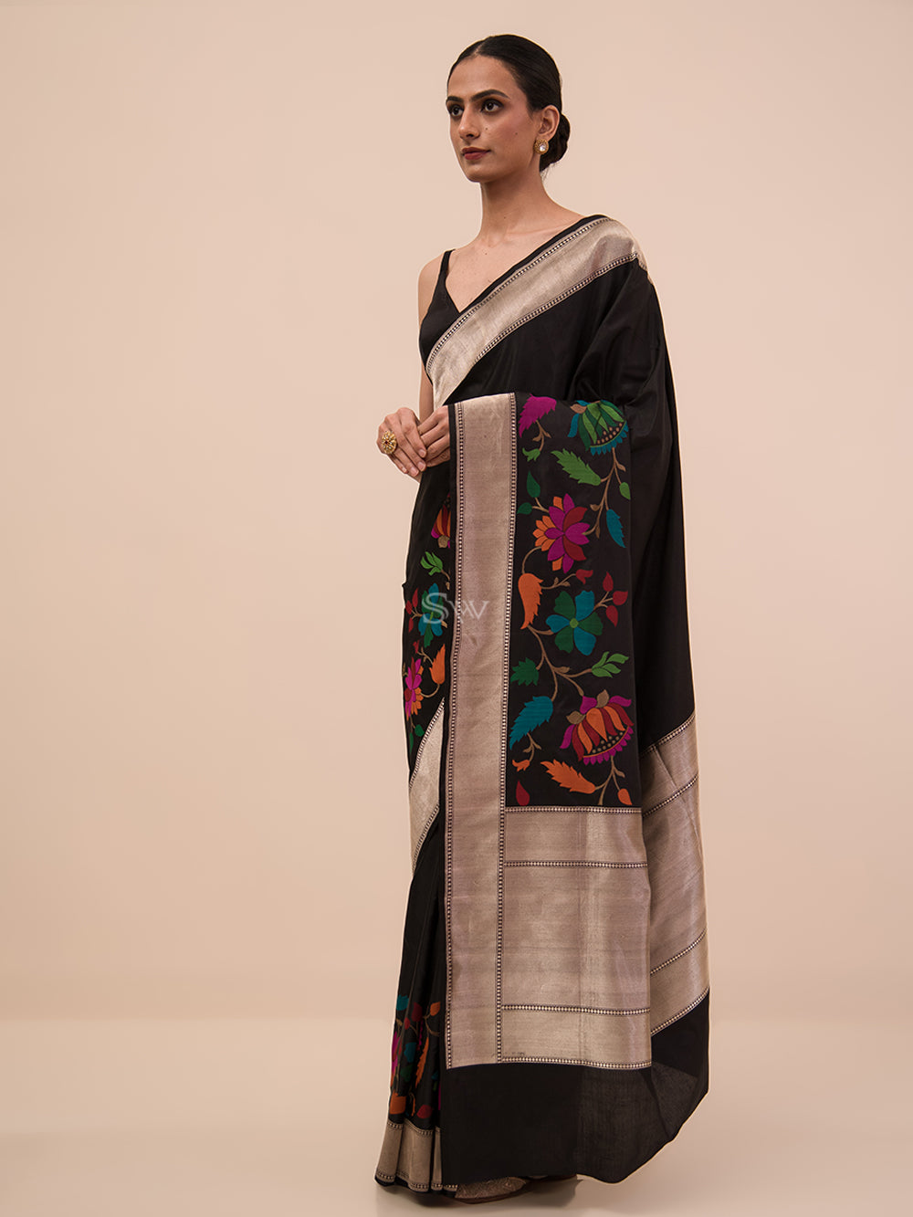 Black Meenakari Katan Silk Handloom Banarasi Saree - Sacred Weaves