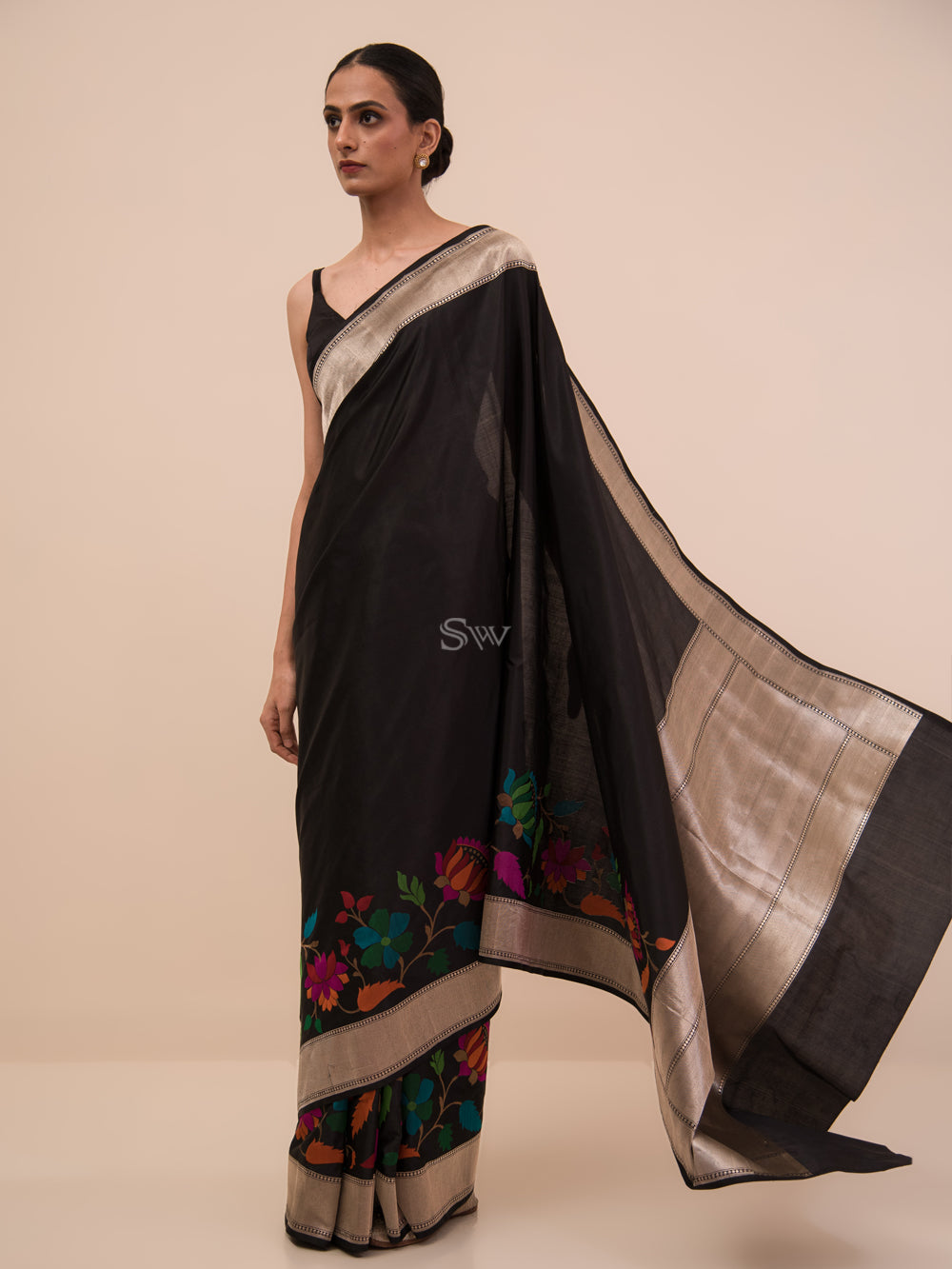 Black Meenakari Katan Silk Handloom Banarasi Saree - Sacred Weaves