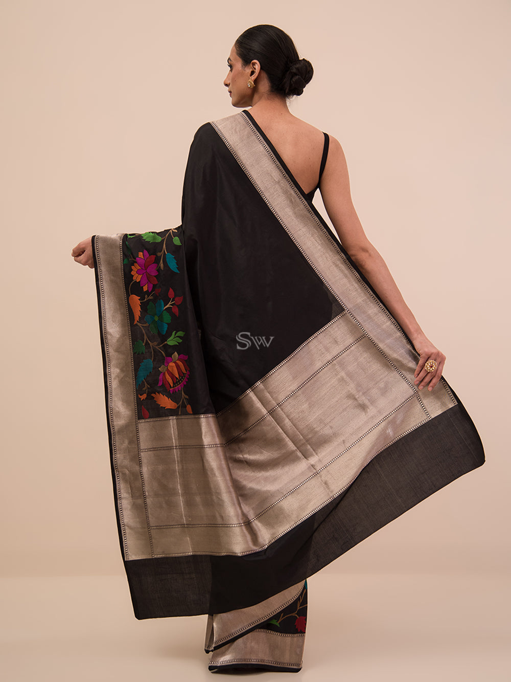 Black Meenakari Katan Silk Handloom Banarasi Saree - Sacred Weaves