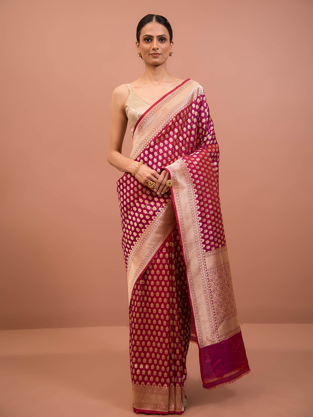 Magenta Booti Katan Silk Uppada Handloom Banarasi Saree - Sacred Weaves