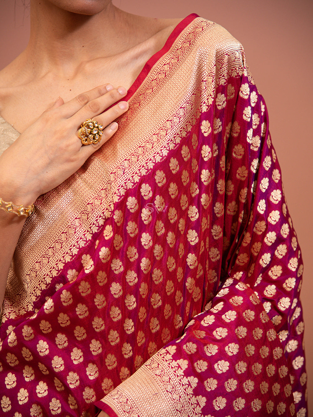 Magenta Booti Katan Silk Uppada Handloom Banarasi Saree - Sacred Weaves