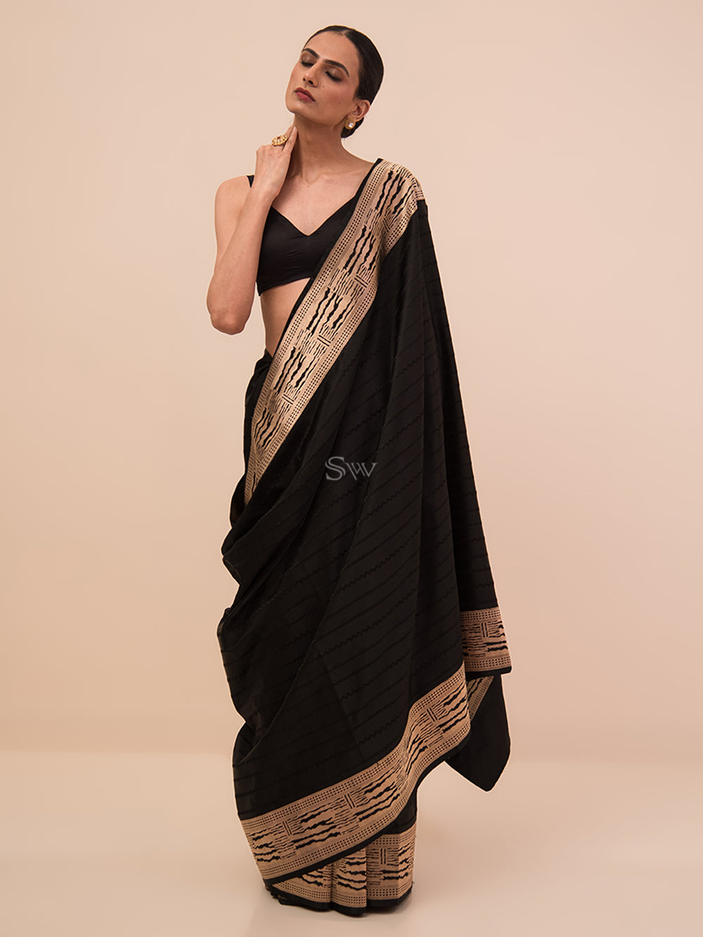 Black Stripe Satin Tanchoi Handloom Banarasi Saree - Sacred Weaves