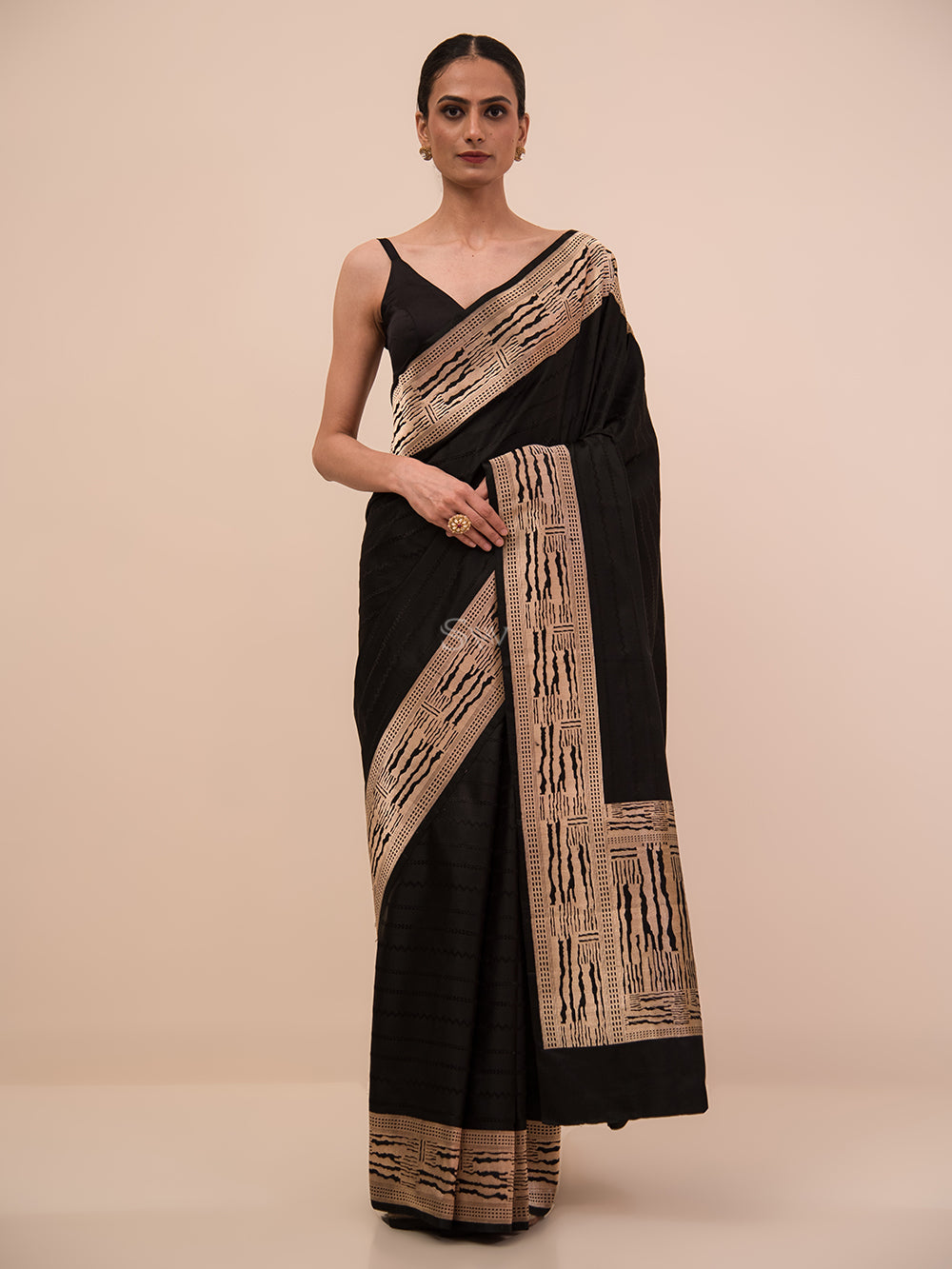 Black Stripe Satin Tanchoi Handloom Banarasi Saree - Sacred Weaves