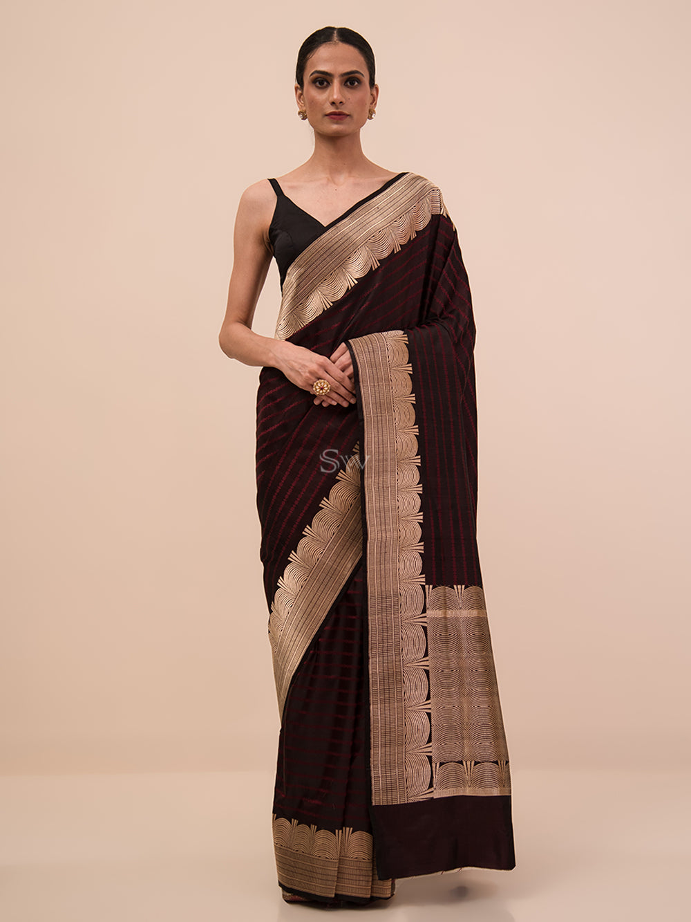 Wine Stripe Satin Tanchoi Handloom Banarasi Saree - Sacred Weaves