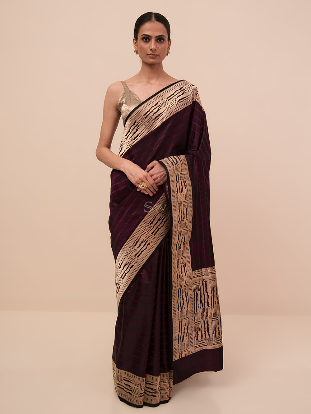 Dark Purple Stripe Satin Tanchoi Handloom Banarasi Saree - Sacred Weaves