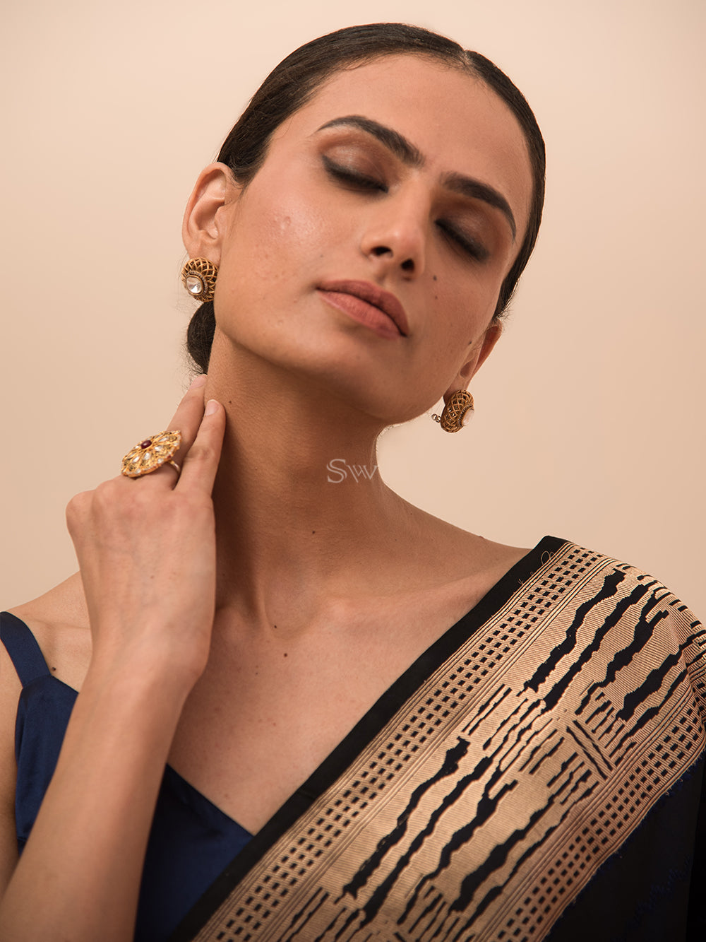 Midnight Blue Stripe Satin Tanchoi Handloom Banarasi Saree - Sacred Weaves