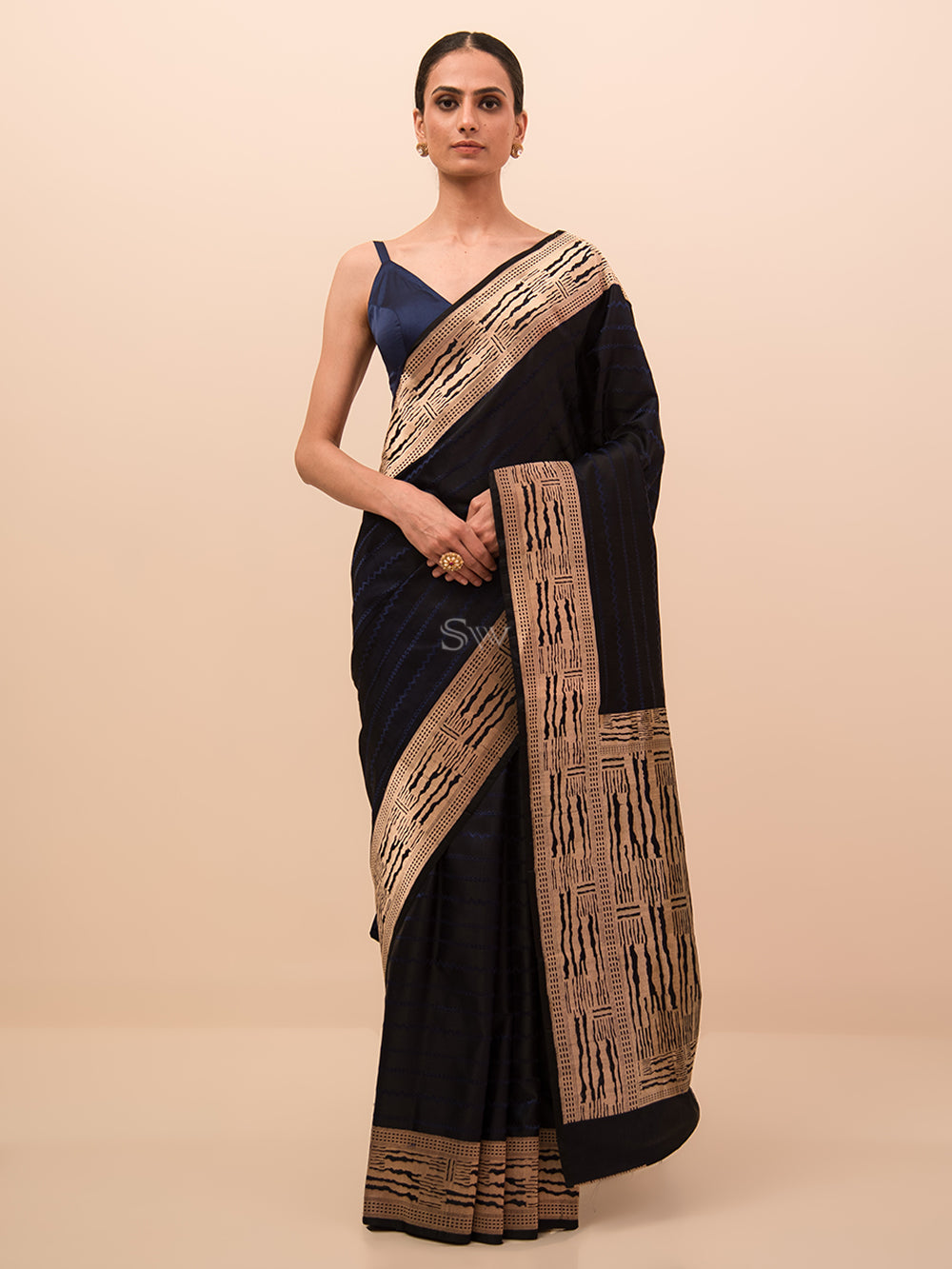 Midnight Blue Stripe Satin Tanchoi Handloom Banarasi Saree - Sacred Weaves