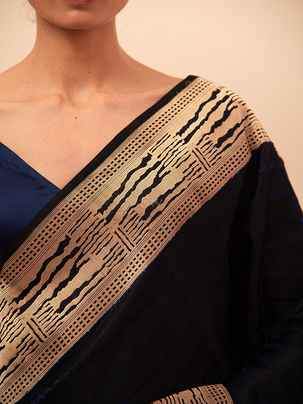 Midnight Blue Stripe Satin Tanchoi Handloom Banarasi Saree - Sacred Weaves