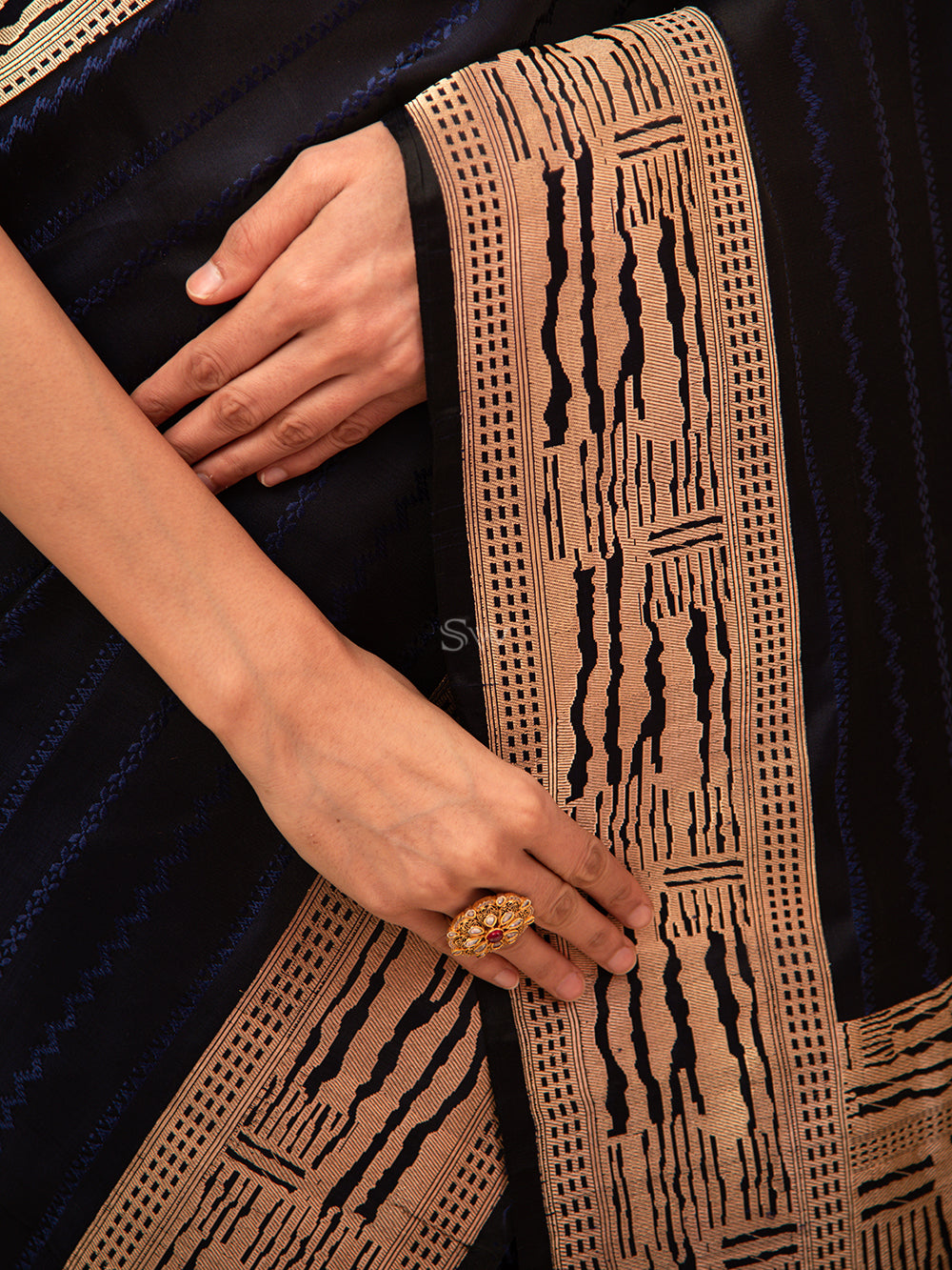 Midnight Blue Stripe Satin Tanchoi Handloom Banarasi Saree - Sacred Weaves