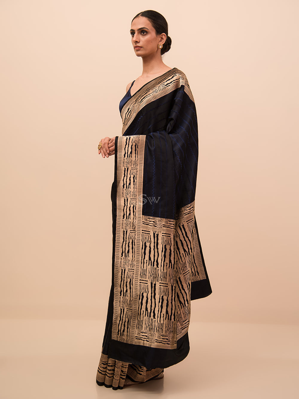 Midnight Blue Stripe Satin Tanchoi Handloom Banarasi Saree - Sacred Weaves