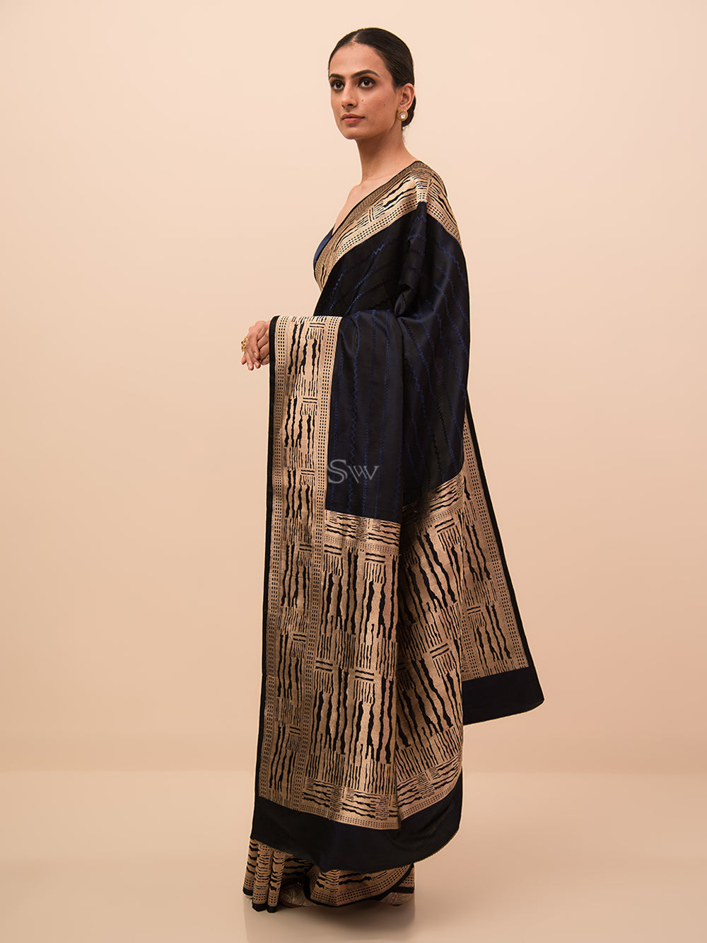 Midnight Blue Stripe Satin Tanchoi Handloom Banarasi Saree - Sacred Weaves
