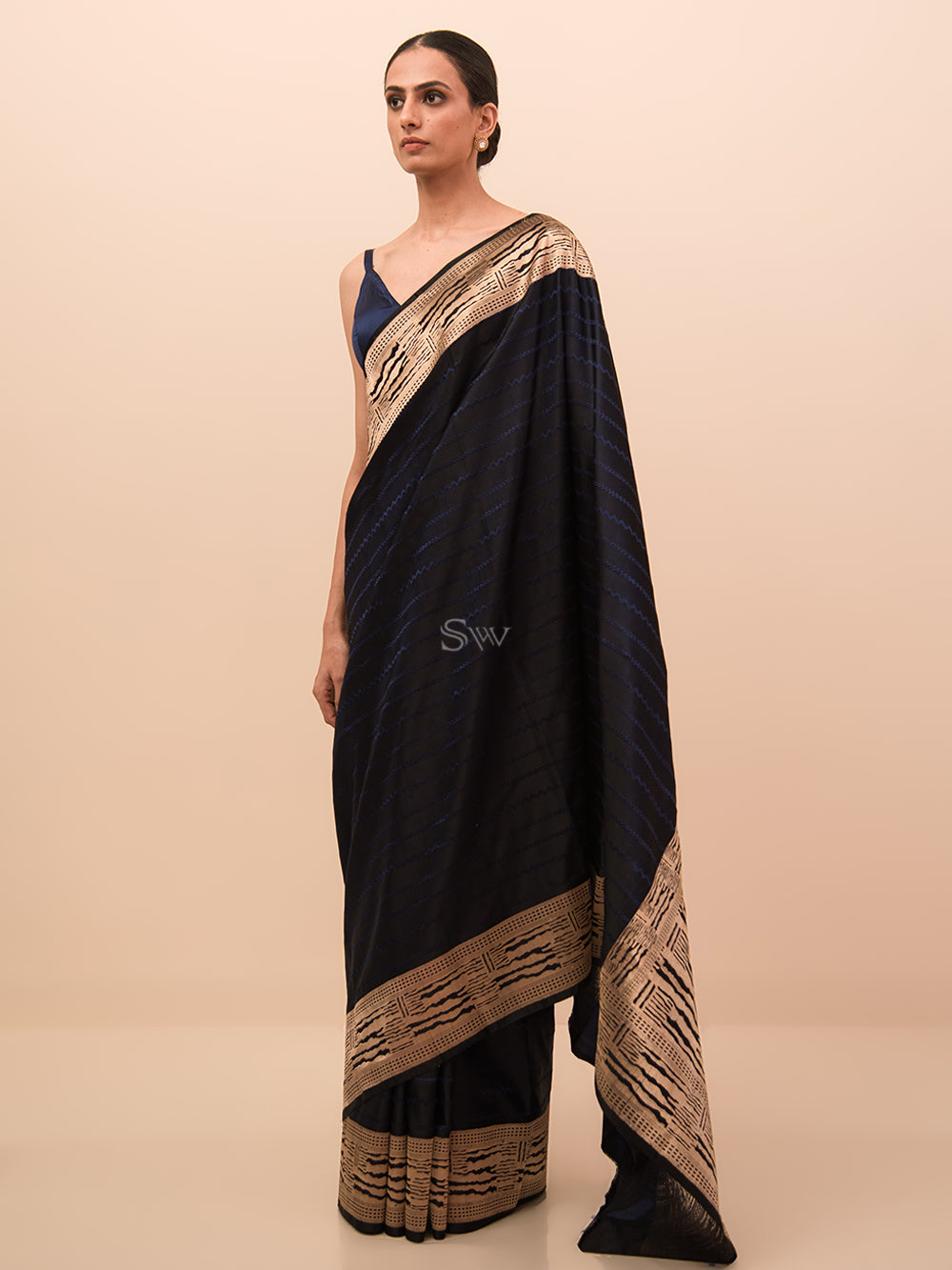 Midnight Blue Stripe Satin Tanchoi Handloom Banarasi Saree - Sacred Weaves